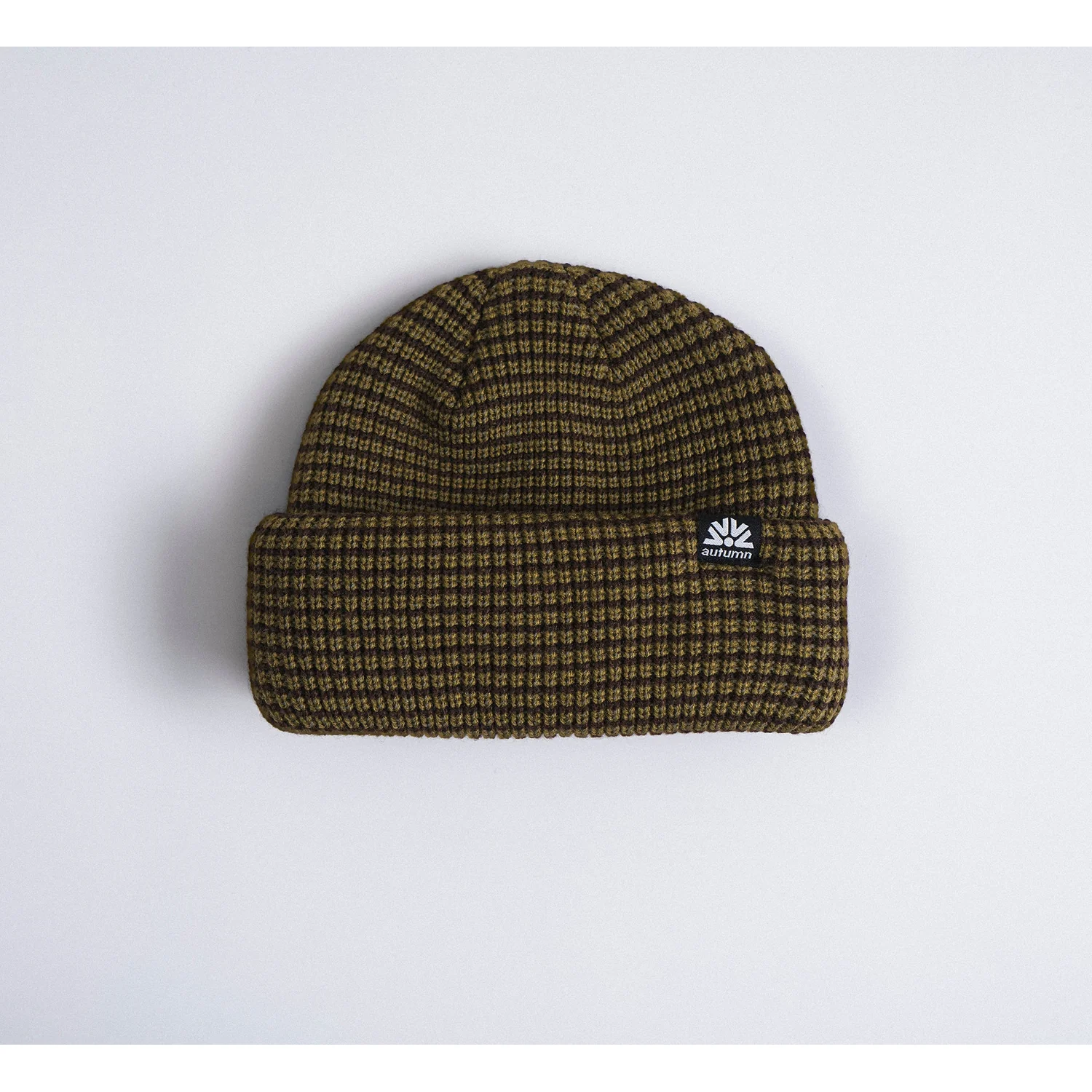 Stripe Double Roll Bonnet en tricot, à revers, en côtes, marron olive, motif à carreaux