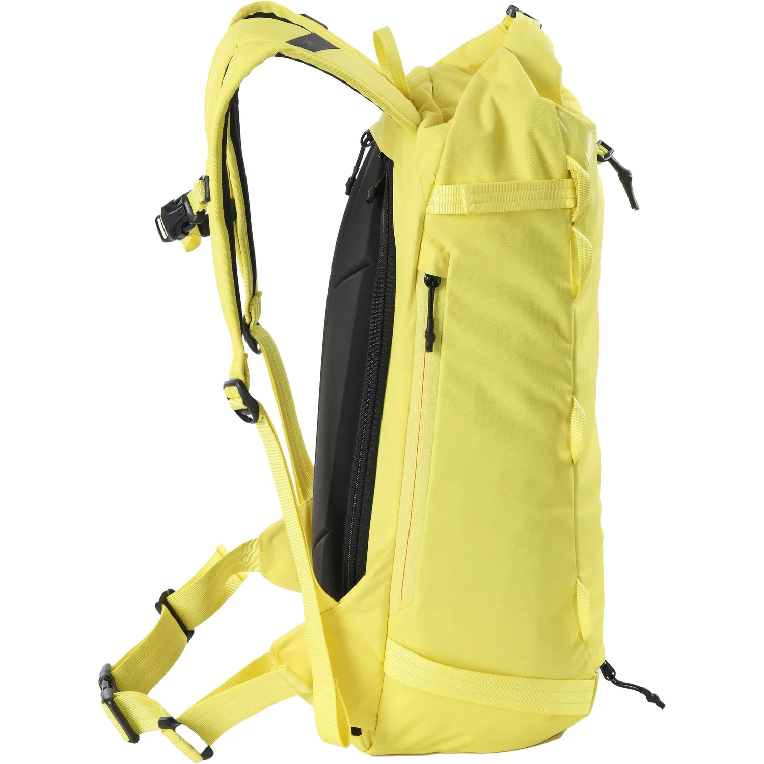Rucksack, Gelb, Rolltop-Verschluss, Seitentasche mit Reißverschluss, Hüftgurt