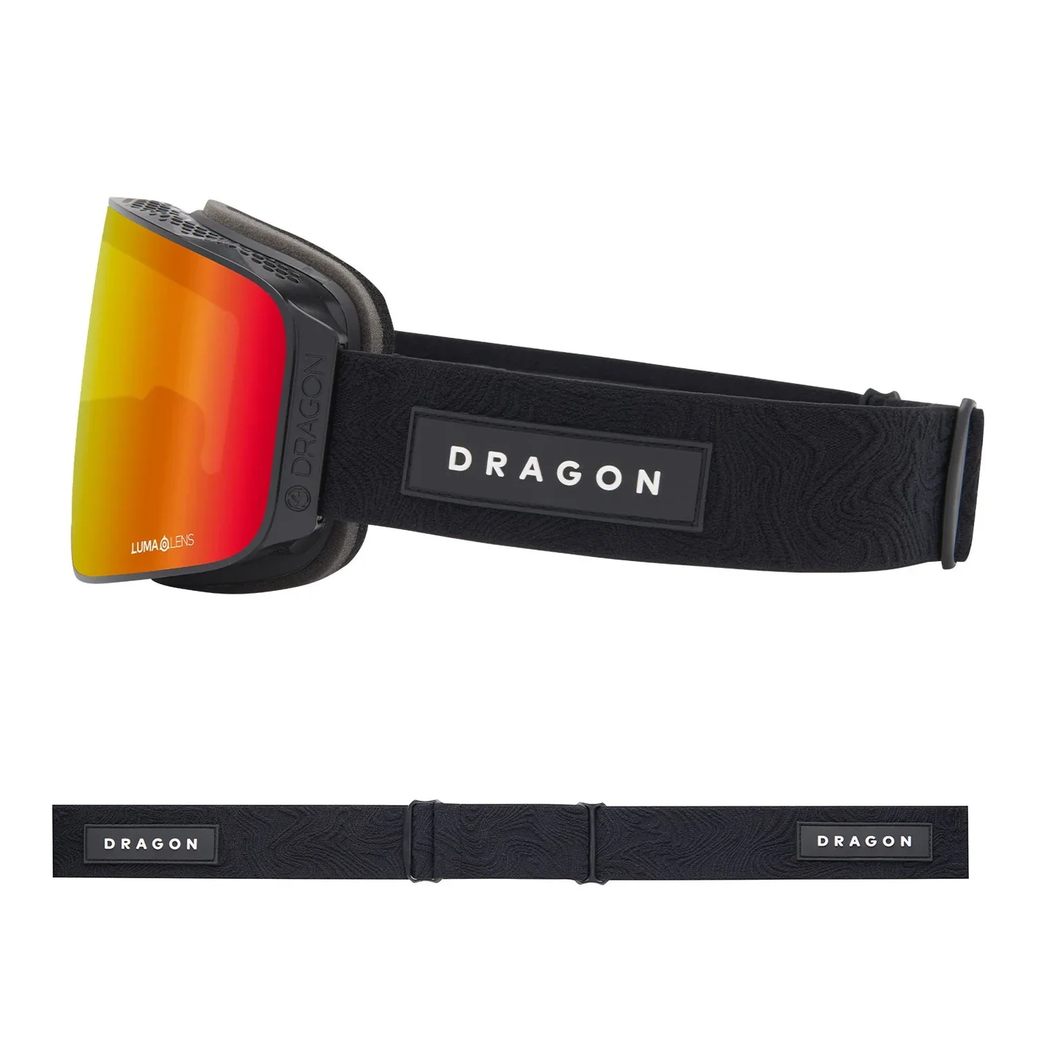Skibrille, verspiegelte Scheibe, orange-rote Linse, schwarzes Band, Luma-Linse