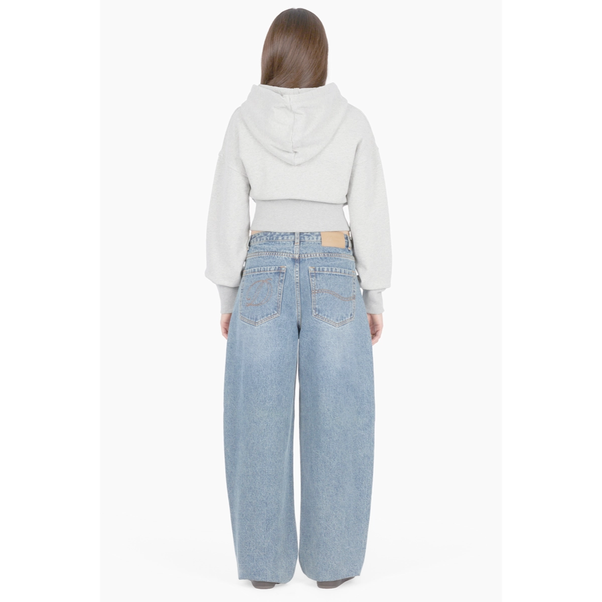  Jeans, Denim, Blue jeans, Back view, High-waist, Hoodie, Crop Hoodie, Grau, Jeans, Weite Beine