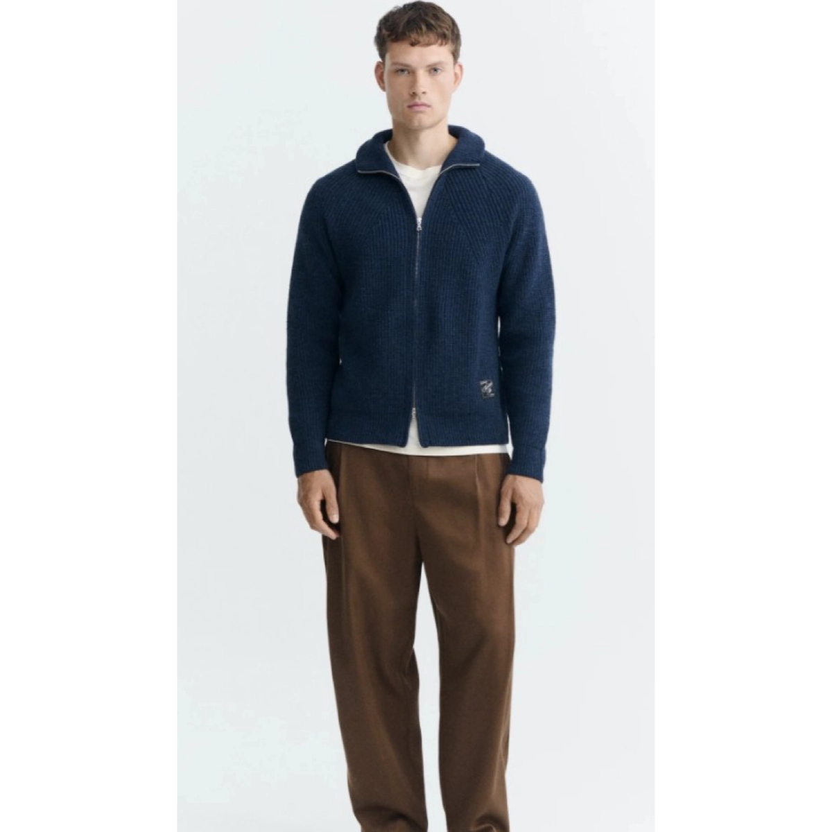 cardigan, zippé, tricoté, bleu marine, homme