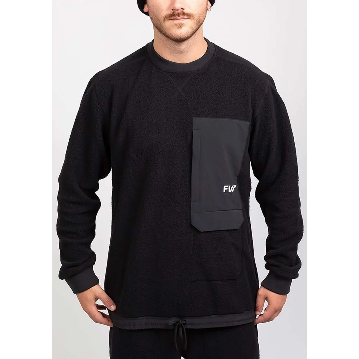 Herrenpullover, Fleece, Schwarz, Rundhalsausschnitt, Brusttasche