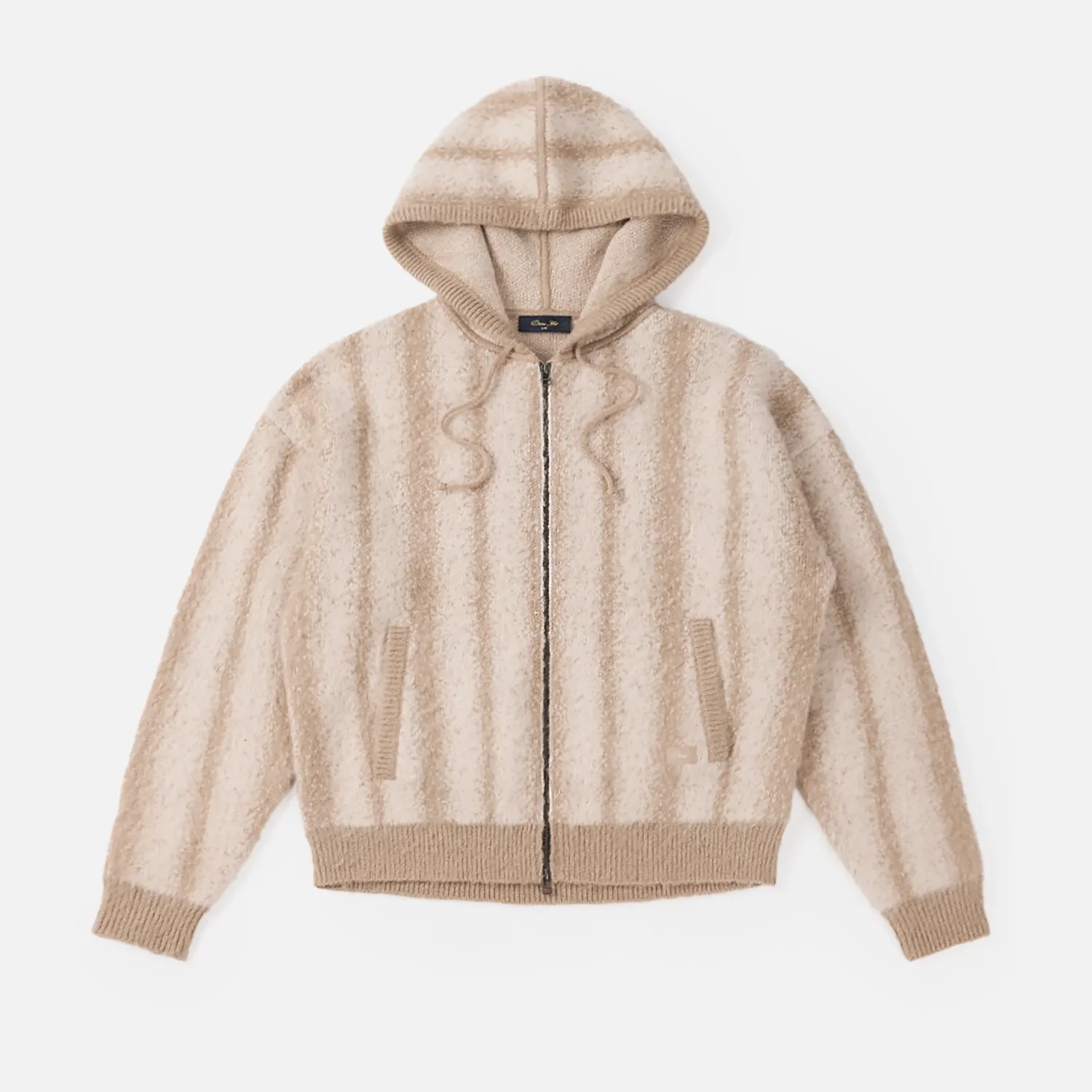 Mohair Striped Zip Hoodie Strickjacke, Kapuze, Reißverschluss, Beige, Streifenmuster