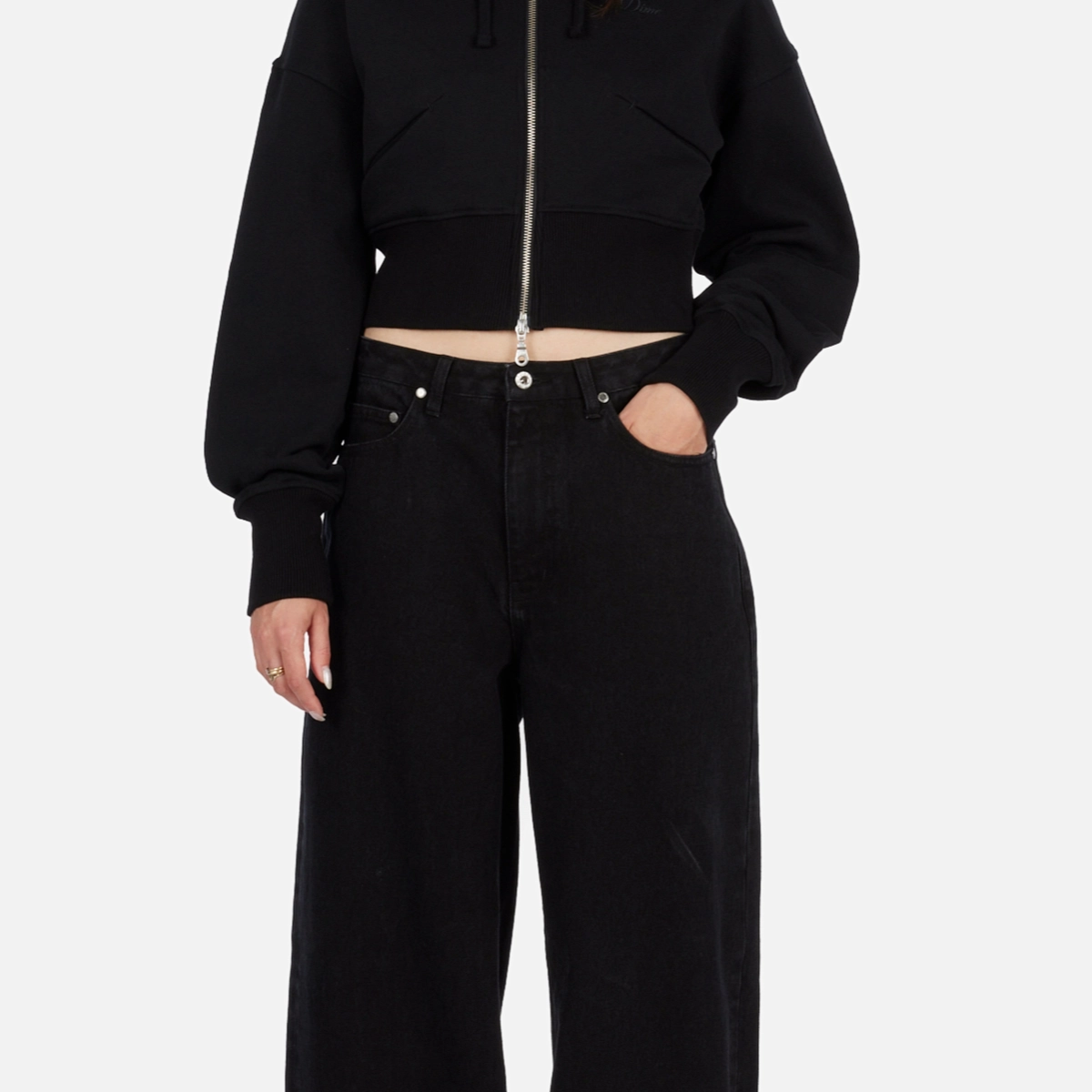 Women's Baggy Denim Pants Hoodie, Crop top, Reißverschluss, Schwarz, Jeans