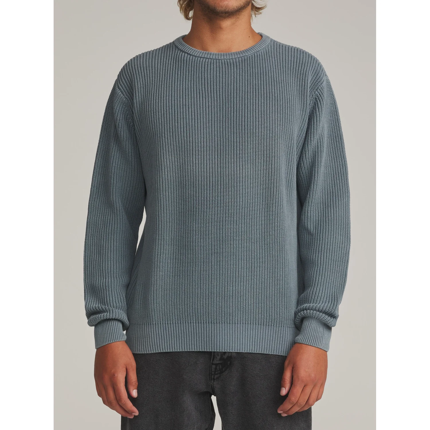 Herrenpullover, Strickpullover, Rundhalsausschnitt, Rippstrick, Blaugrau