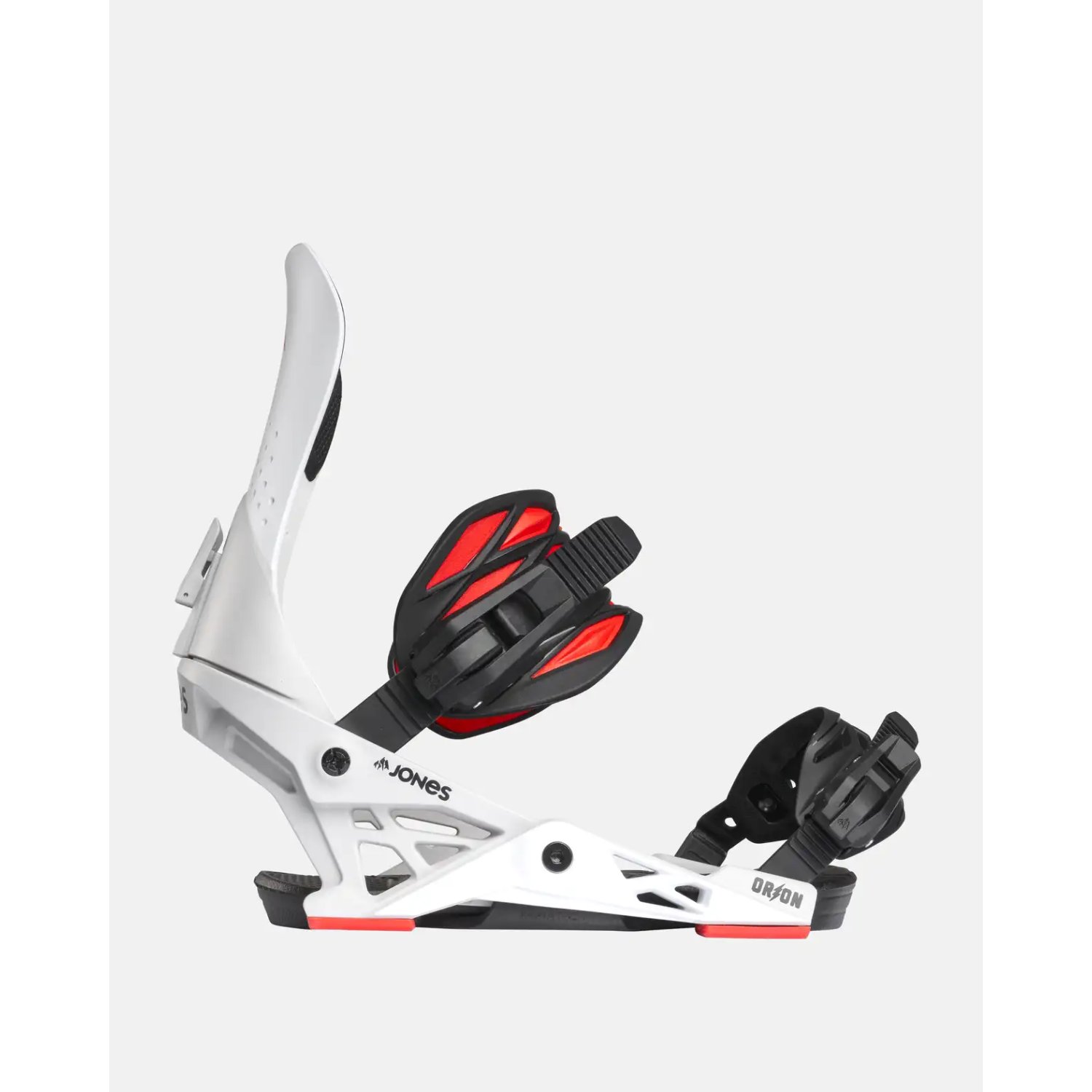 M'S Orion Snowboardbindungen, weiße Bindung, rote Akzente, verstellbare Riemen, Fußbindungen