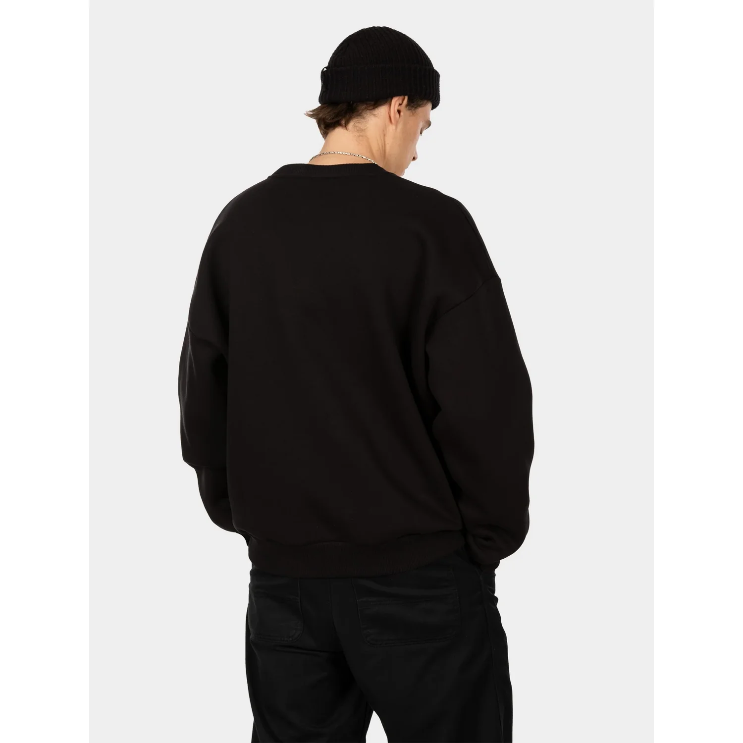 Flagloose Crewneck Sweat-shirt, noir, col rond, épaules tombantes, bords-côtes