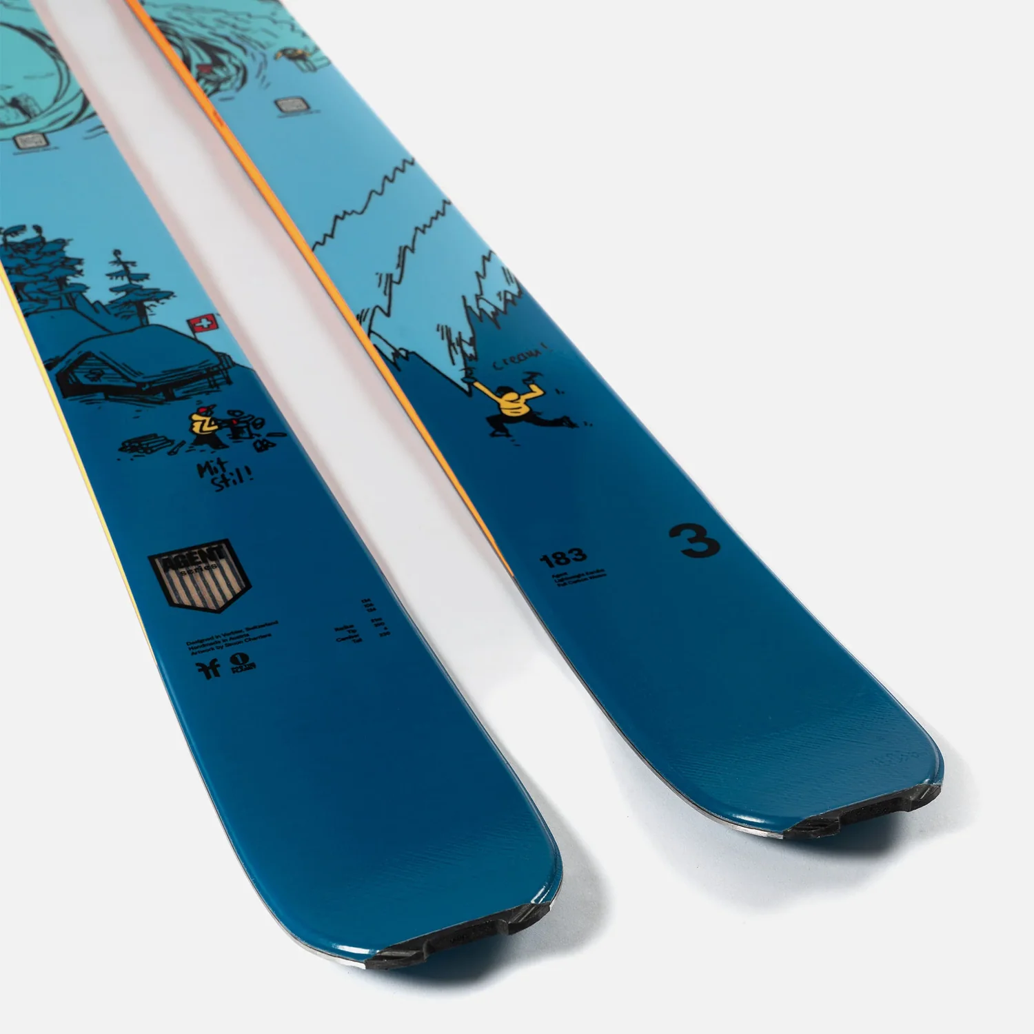 Ski, Blaue Ski, Alpines Design, Comic-Aufdruck, Orangefarbene Kanten