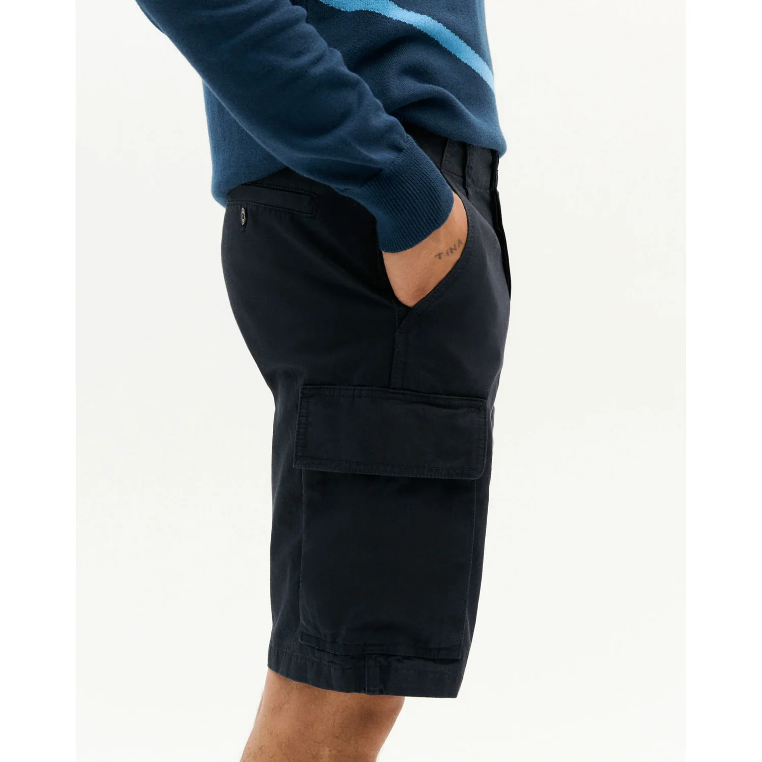 Cargo-Shorts, Schwarz, Seitentasche, Baumwollstoff, Knielang