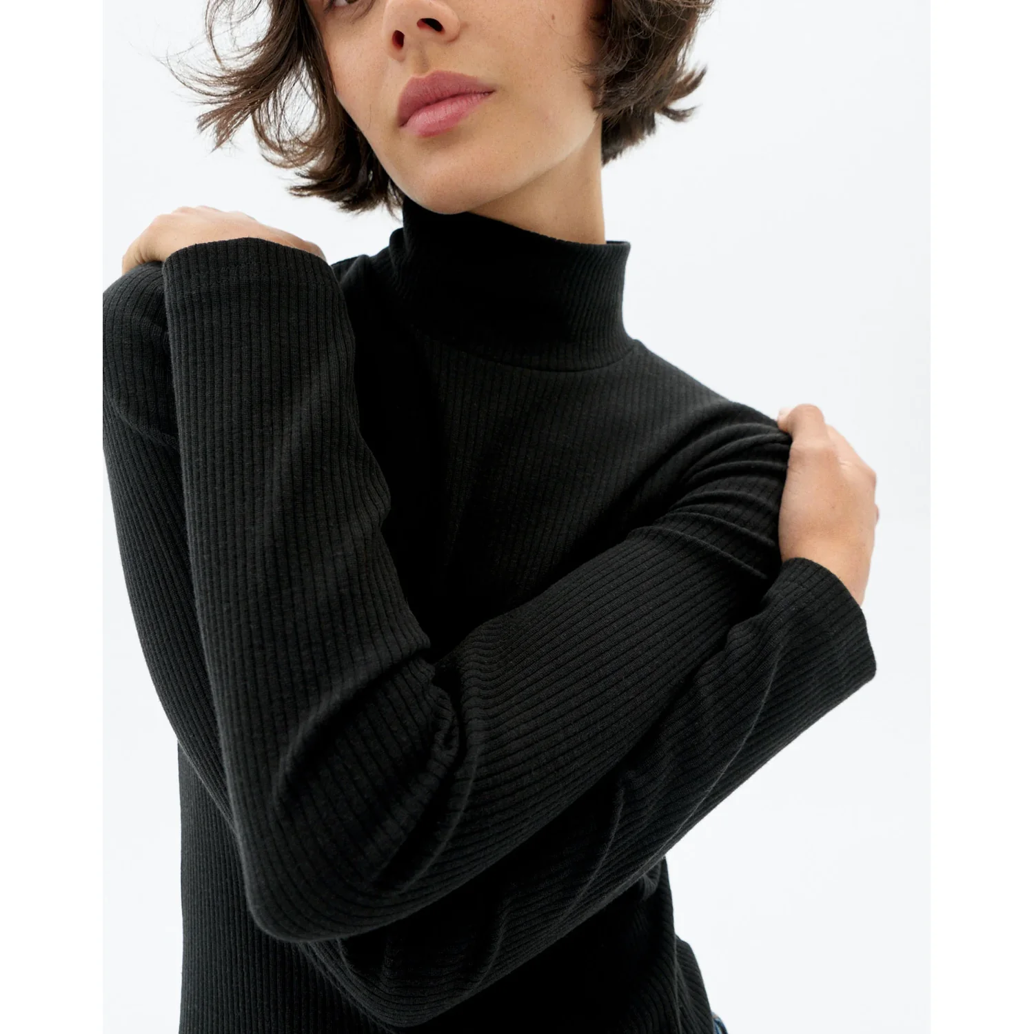 Rollkragenpullover, schwarz, Rippstrick, Langarm, hochgeschlossen