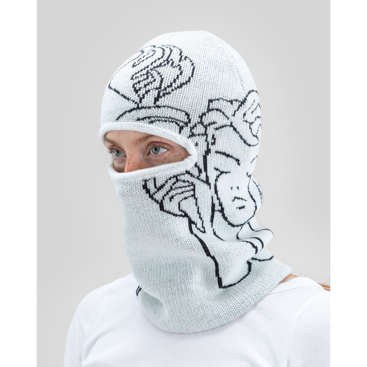 Balaclava, Face mask, Knit hood, Patterned, White