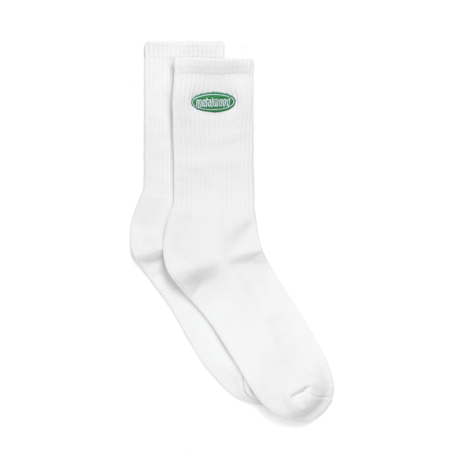 Chaussettes, blanches, mi-mollet, en tricot côtelé, étiquette avec logo