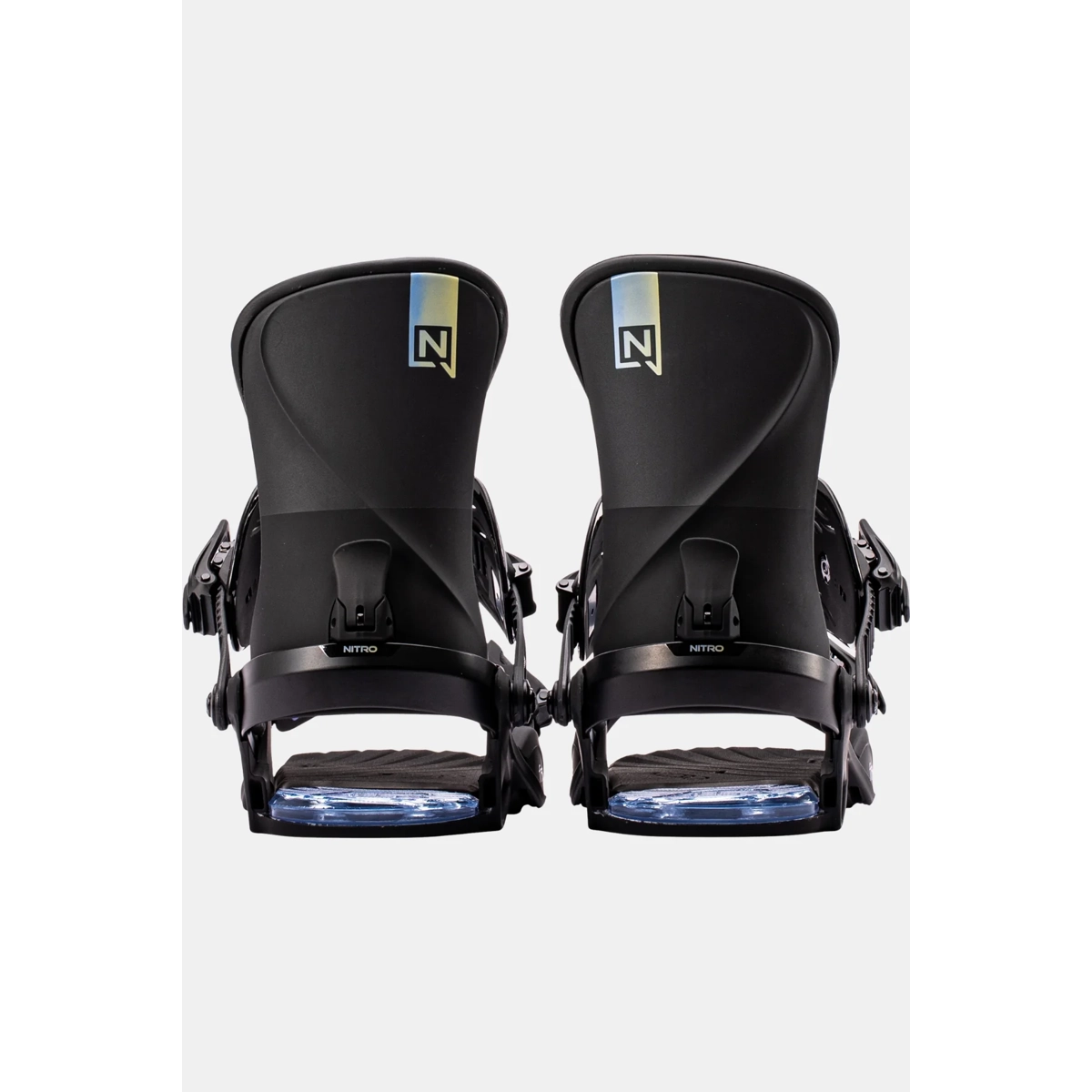 Snowboard bindings, Rückseite, Schwarz, Verstellbare Bindungen, NITRO Branding, Snowboardbindungen, Step-in Bindings, Schwarze Bindungen, Klett-/Riemenbindungen, Zweier-Bindingssatz