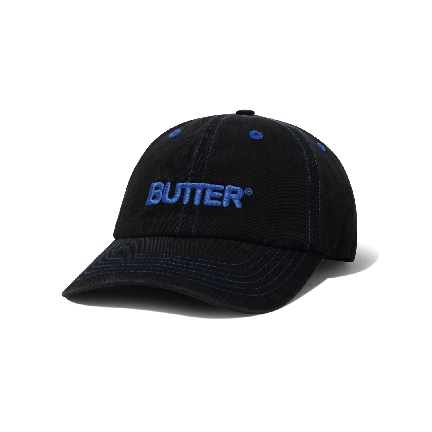 Rounded Logo 6 Panel Cap Basecap, Schwarz, Blaue Stickerei, Gebogener Schirm, Baumwollstoff