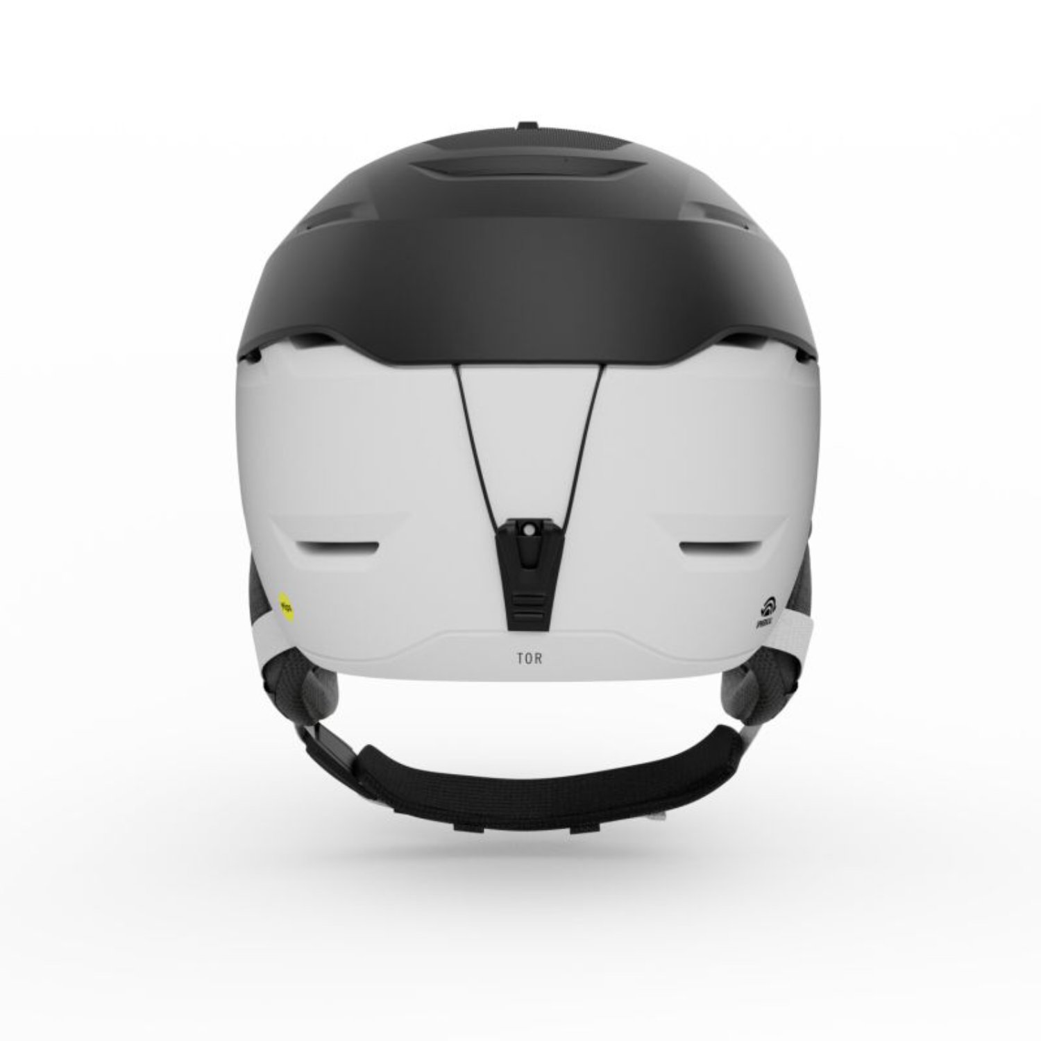 Skihelm, weißer Helm, schwarzer Oberteil, verstellbares Band, belüfteter Helm