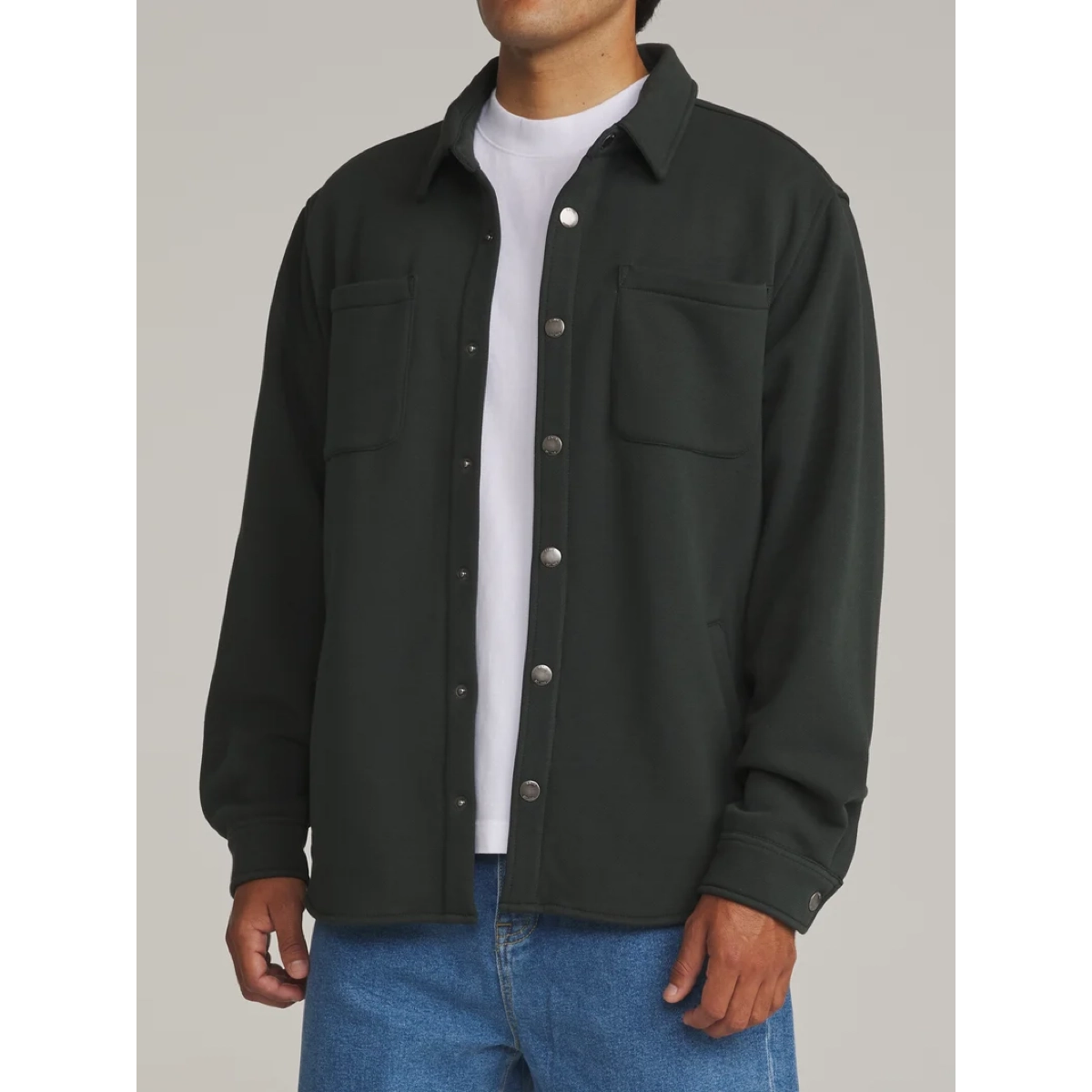 Harold Fleece Shirt Veste, poches avant à rabat, patte de boutonnage, manches longues, vert foncé