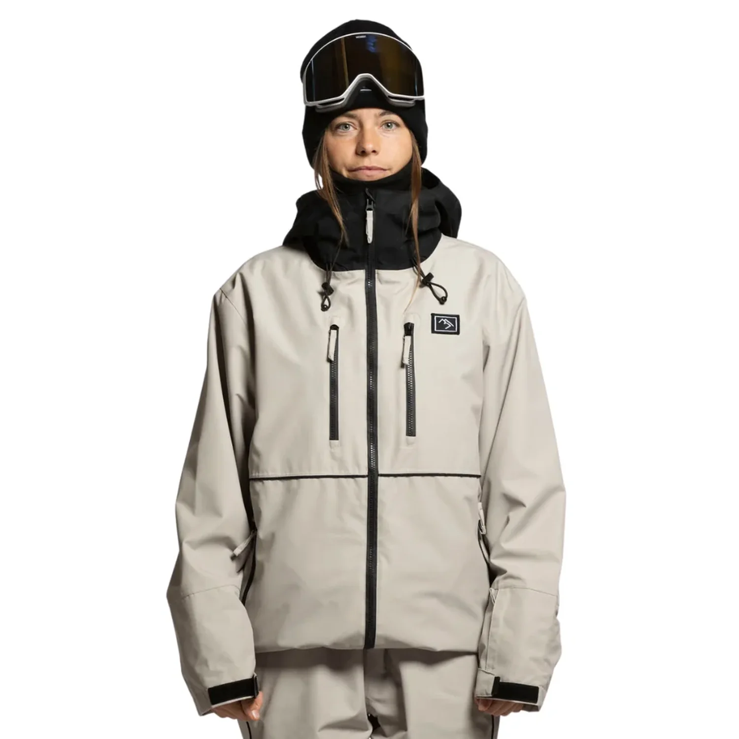 Veste de ski, gris clair, capuche, poches zippées, jupe pare-neige