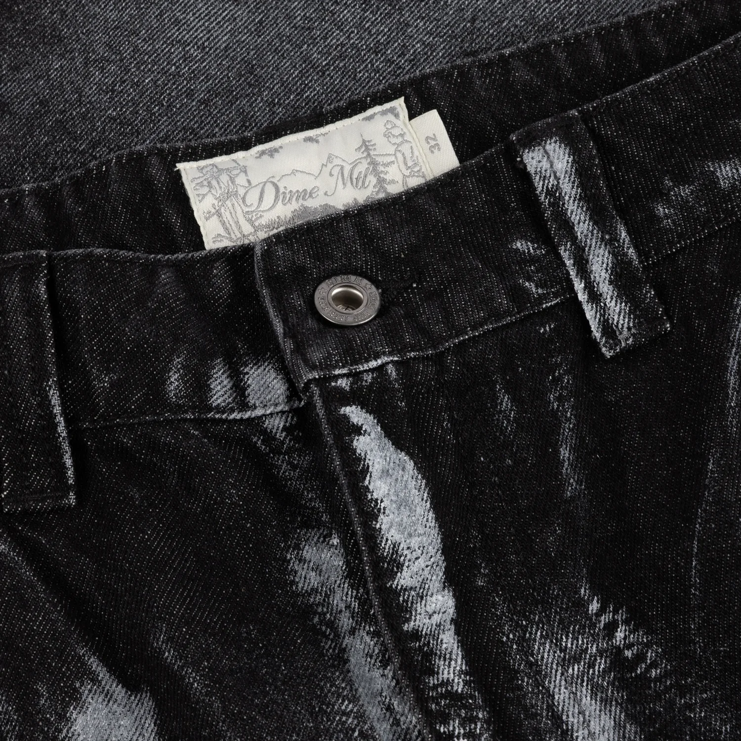 Baggy Denim Pants Jeans, Schwarzer Denim, Batikmuster, Metallknopf, Gürtelschlaufen