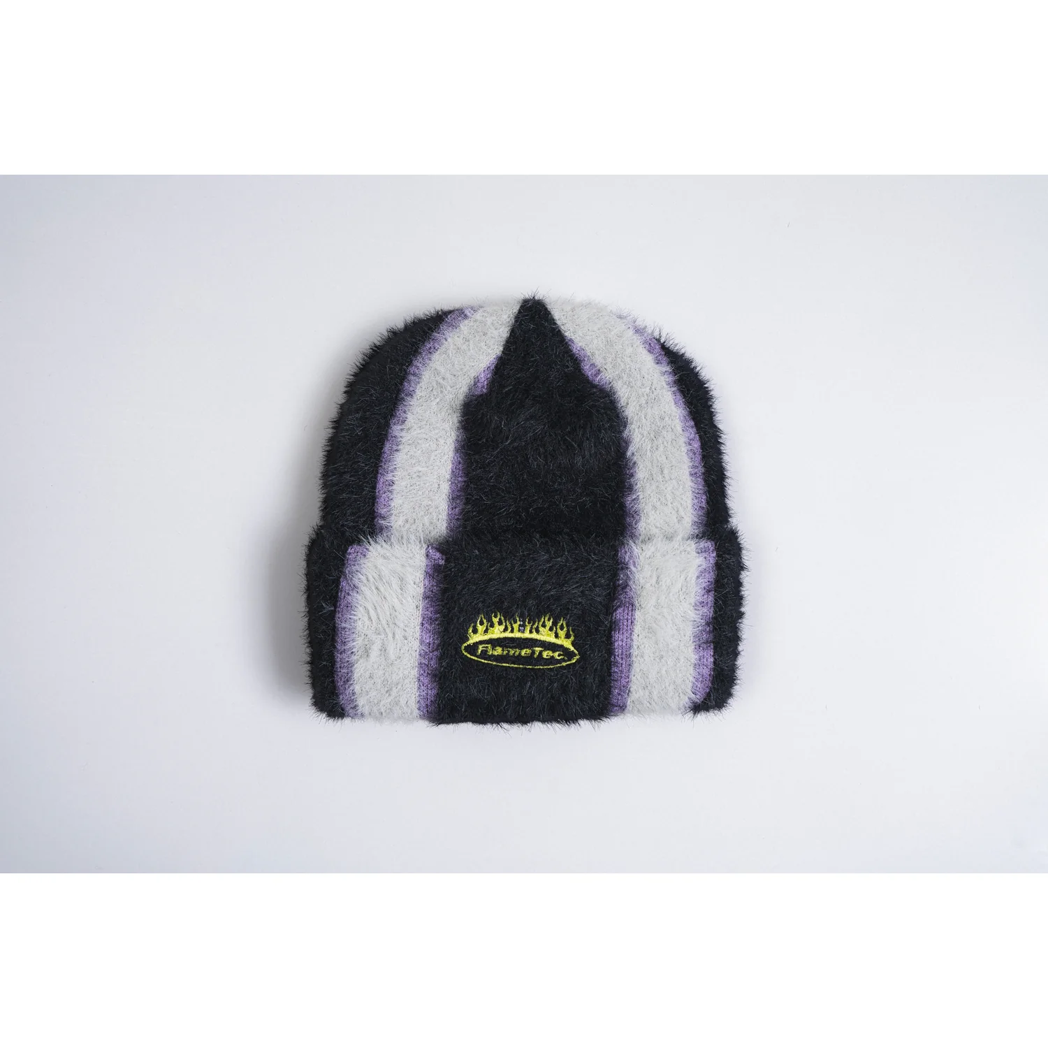 Flametec Mohair Strickmütze, Flauschige Oberfläche, Schwarz-weiß-lila, Streifenmuster