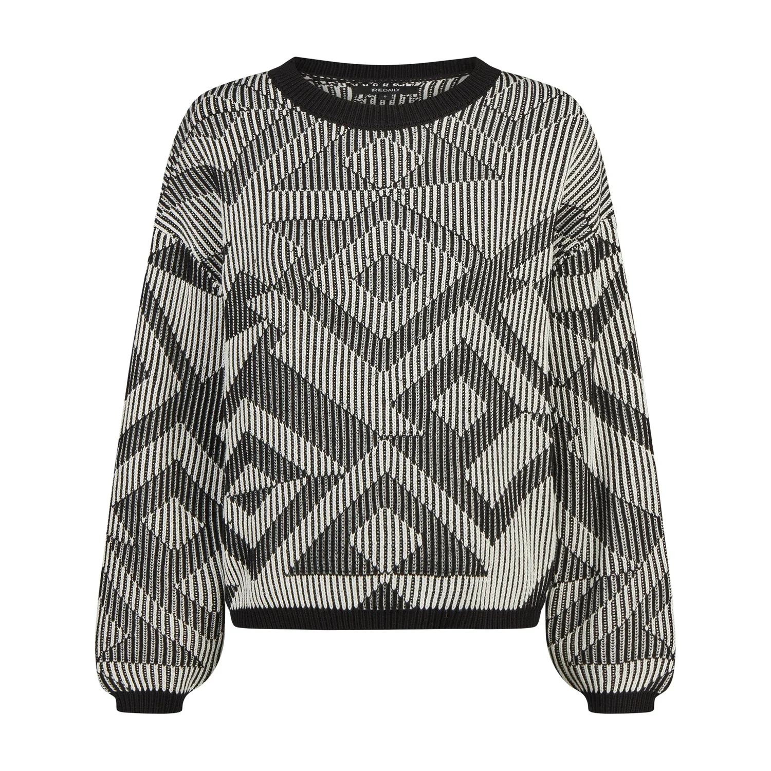 Strickpullover, Schwarz-Weiß, Geometriemuster, Rundhalsausschnitt, Puffärmel