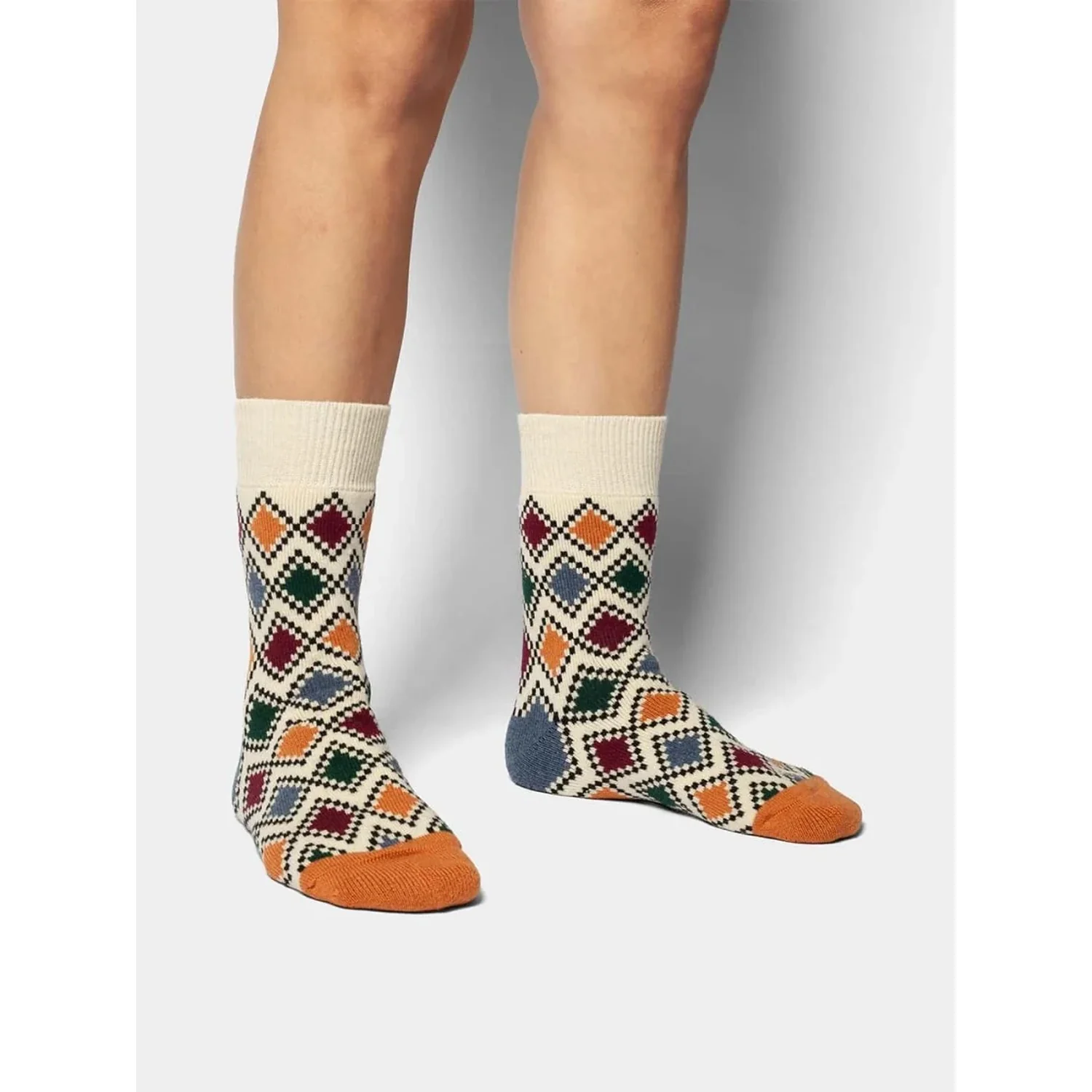 Chaussettes, motif en losanges, multicolores, bord-côte, pointe orange