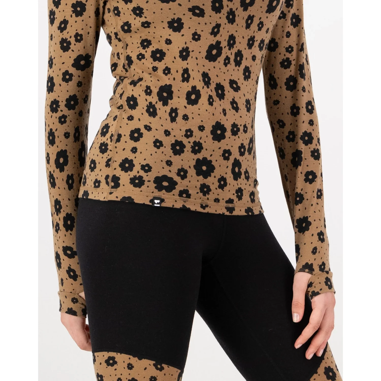 Langarmshirt, Camelbraun, Schwarzes Blumenmuster, Punktmuster, Rollkragen