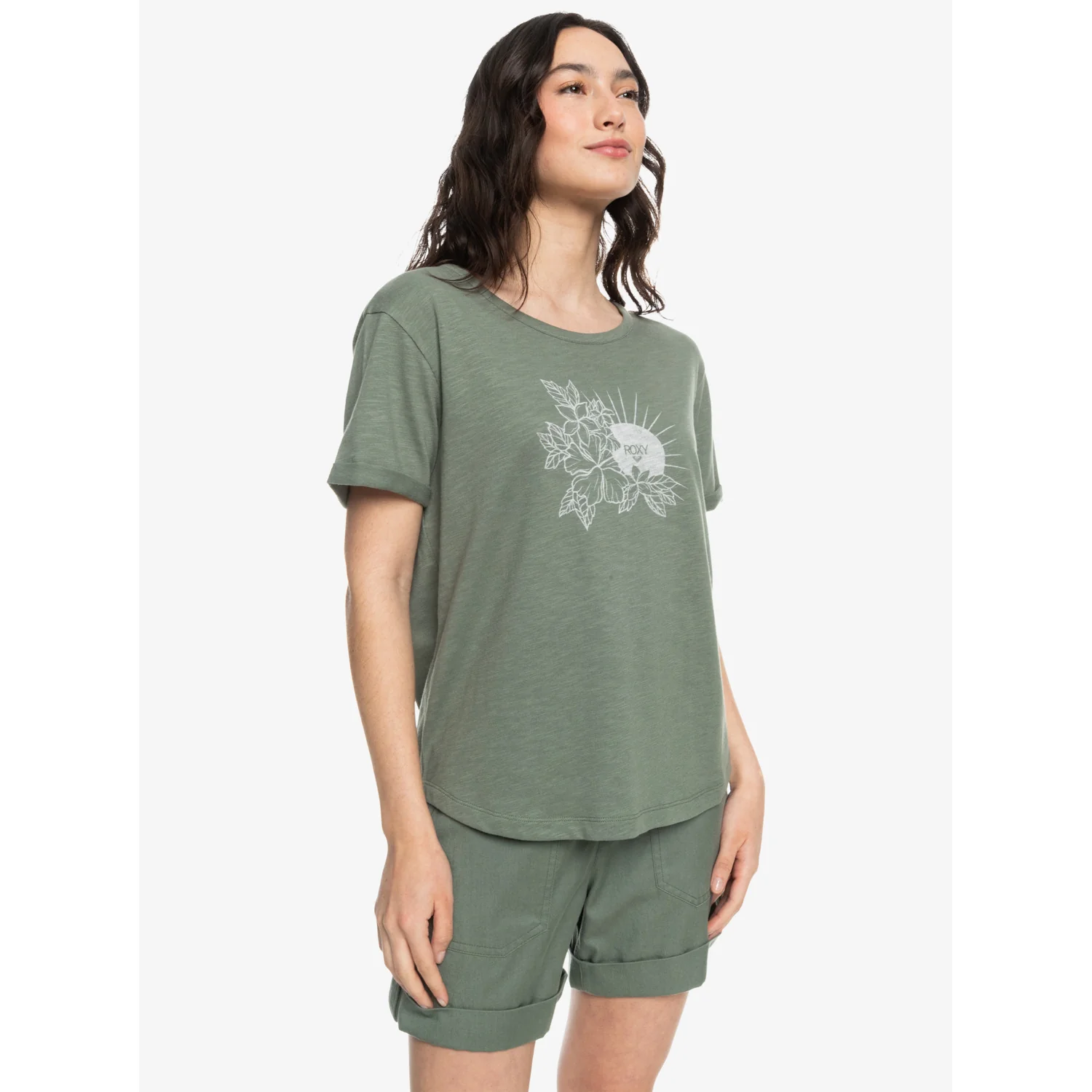 Damen-T-Shirt, Olivgrün, Rundhalsausschnitt, Kurzarm, Blumenprint