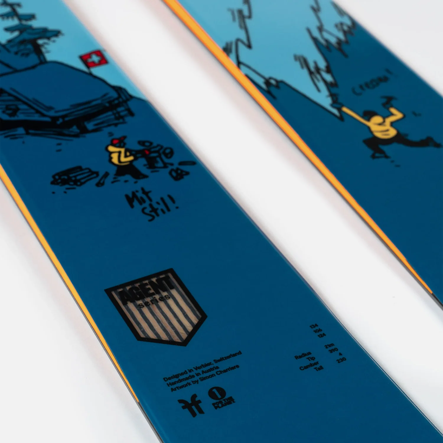 Ski, Tourenski, Blau, Orangefarbene Kanten, Grafikmuster