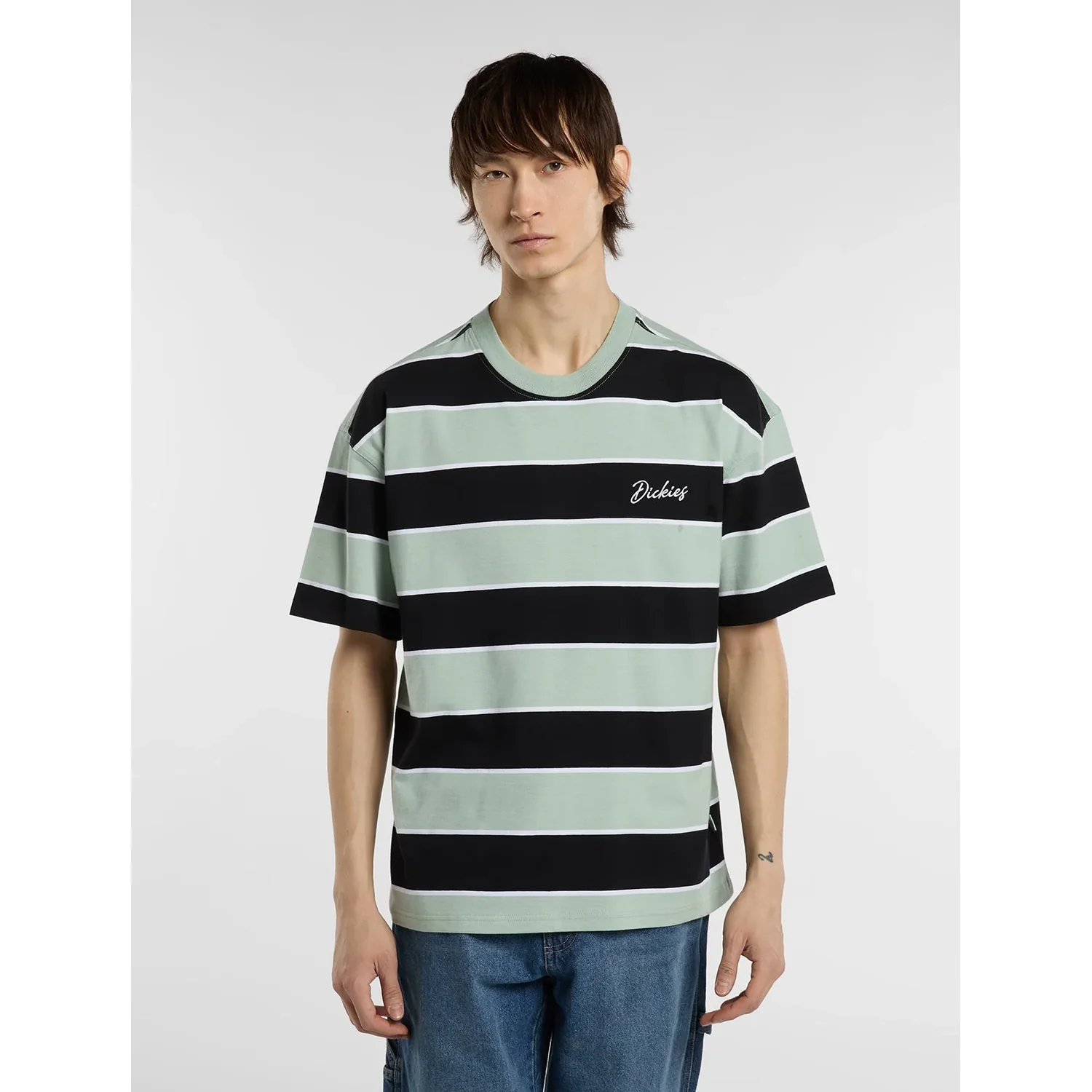 Embroidery Stripe SS Tee T-shirt, chemise rayée, t-shirt à manches courtes, vert menthe, rayures noires et blanches, t-shirt, rayures, manches courtes, col rond, mélange de coton, t-shirt à manches courtes, motif rayé, vert olive, tissu en coton, style décontracté