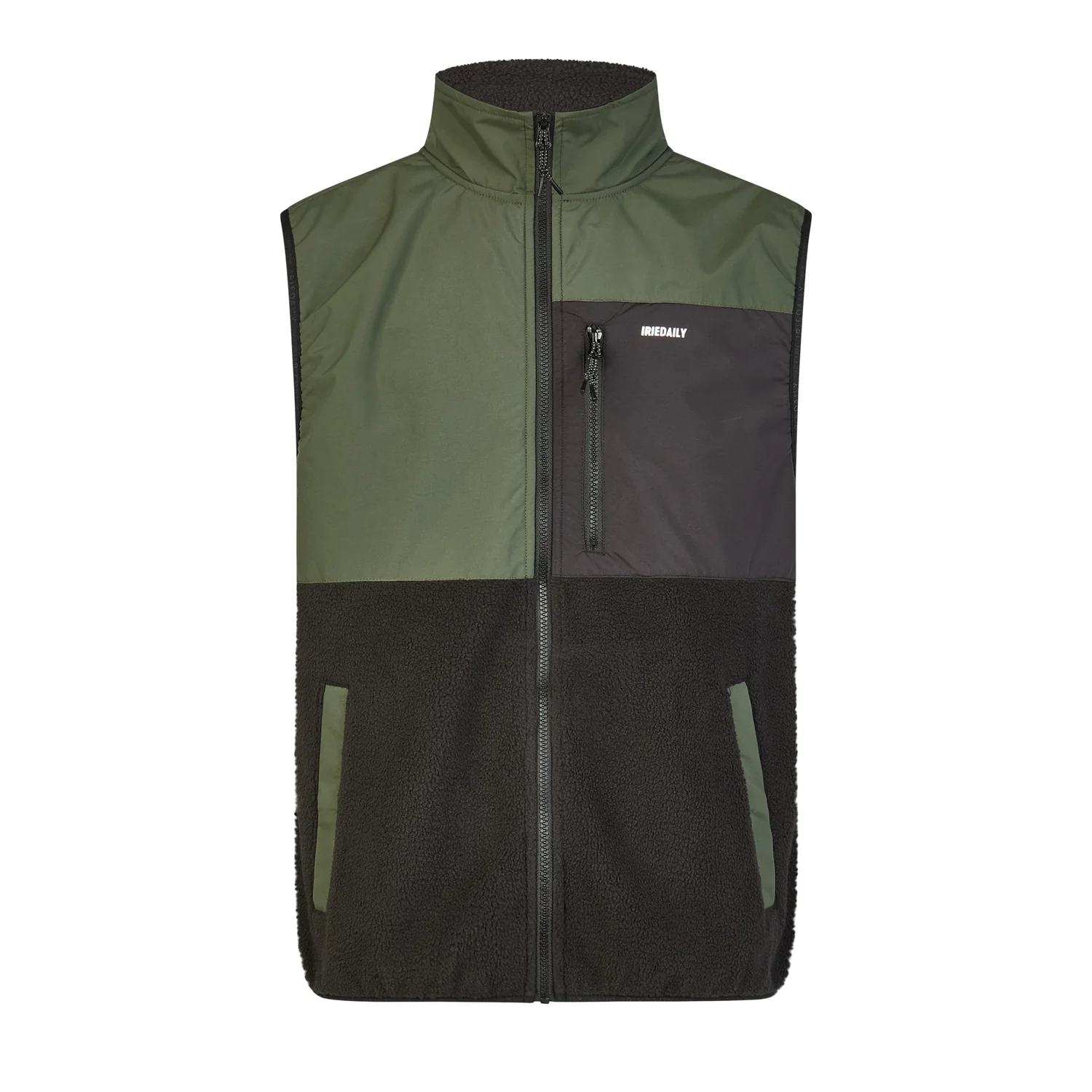 Gilet en polaire, sans manches, vert olive et noir, col montant, poches zippées