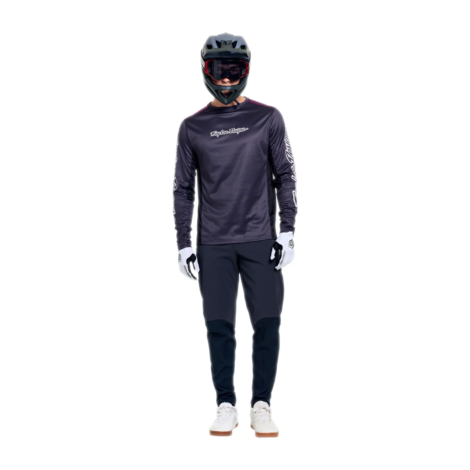 Stage Pant Maillot de VTT, t-shirt à manches longues, violet foncé, col rond, imprimé sur les manches