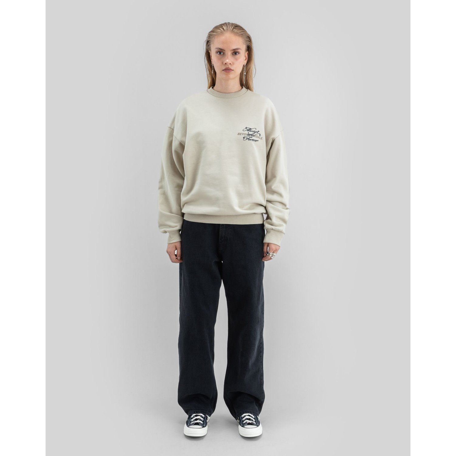 sweatshirt, beige, langarm, frontprint, unisex