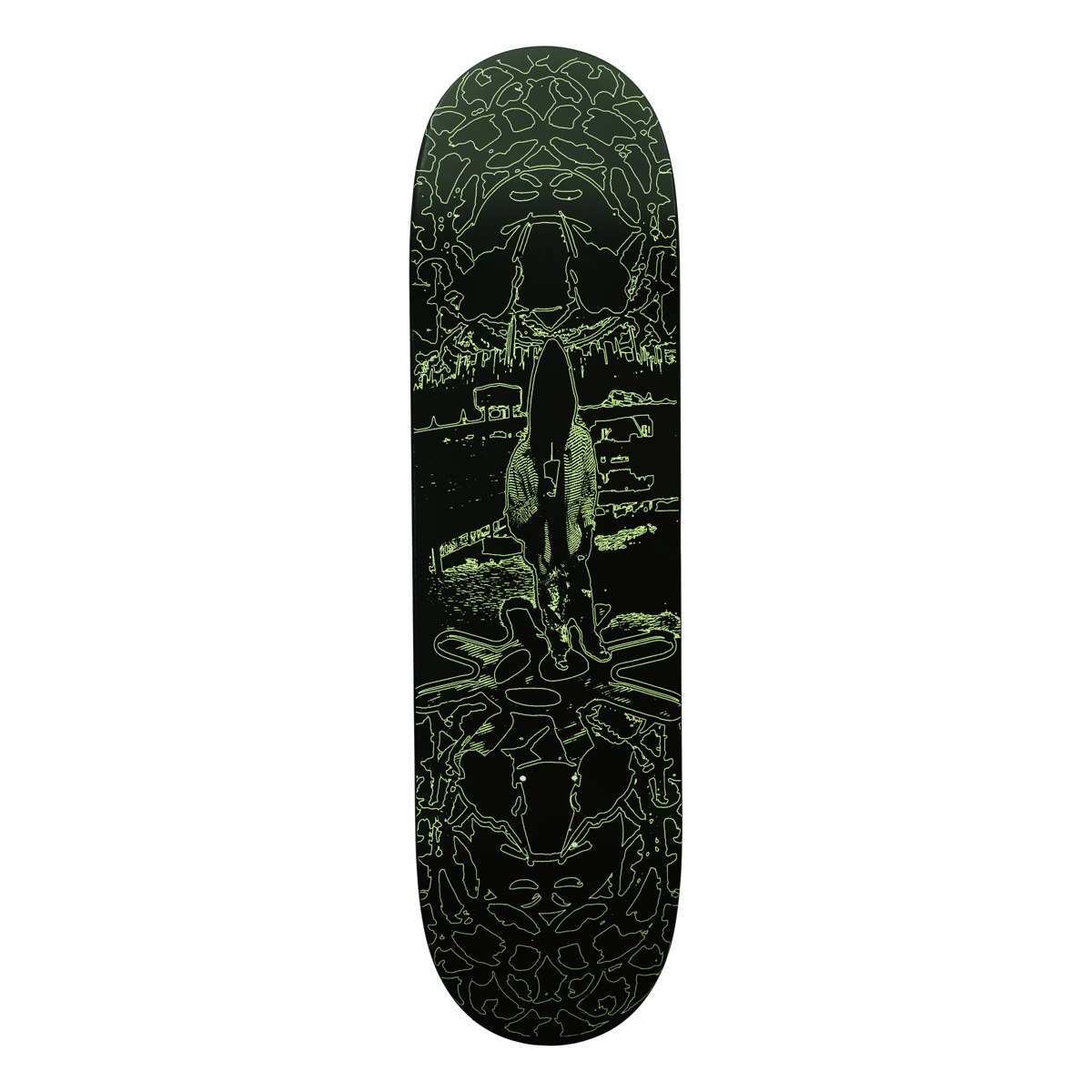 Surfbrett, grüner Umriss, Person mit Jacke, Stadtlandschaft, Wasserfront, Longboard, Skateboard, Neon Outline, Surfboard, Deck