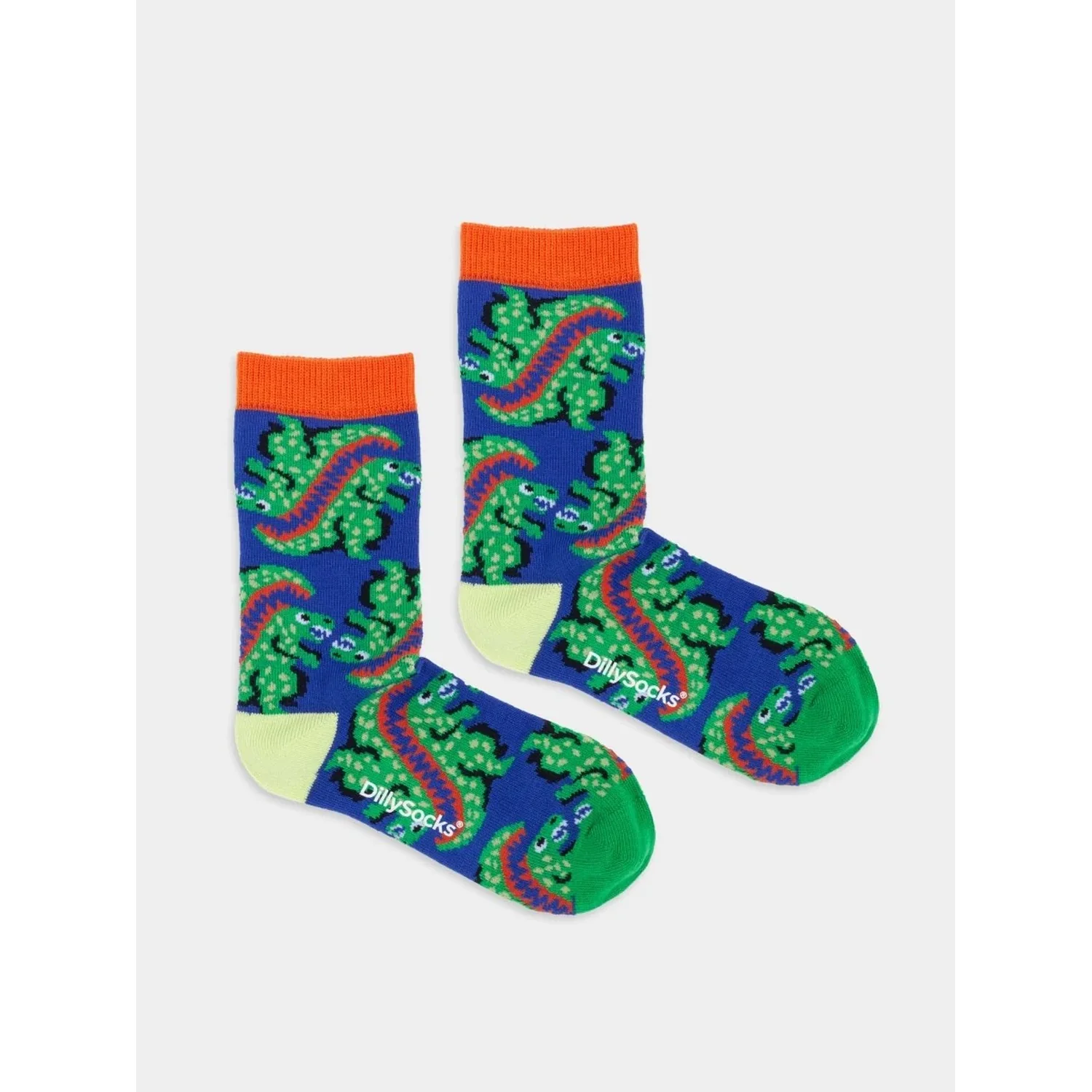 Lil Ur Ex the T Rex Chaussettes, motif dinosaures, couleur de fond bleue, bordure orange, tissu tricoté