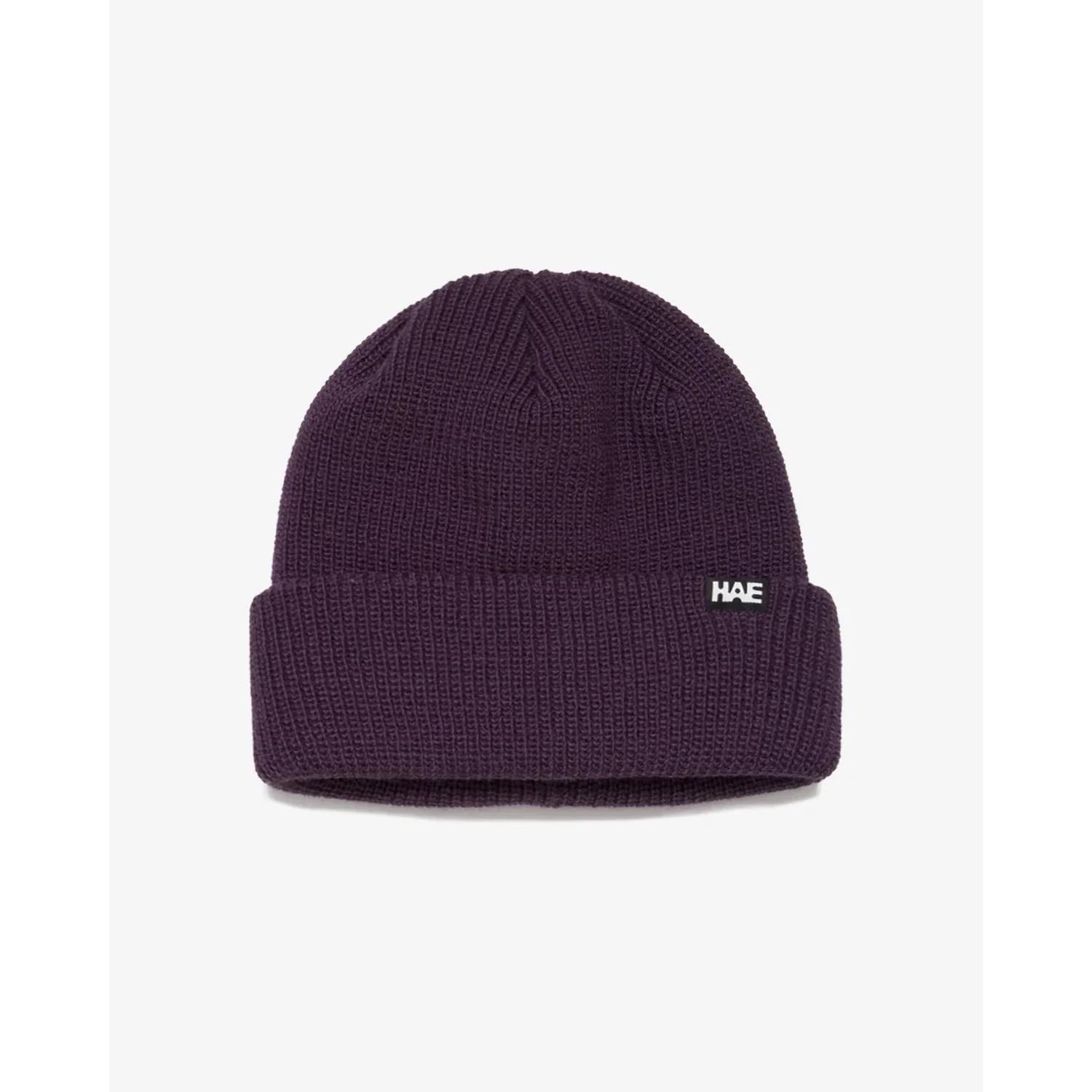 Bonnet en tricot, bonnet à revers, tricot côtelé, violet foncé, écusson