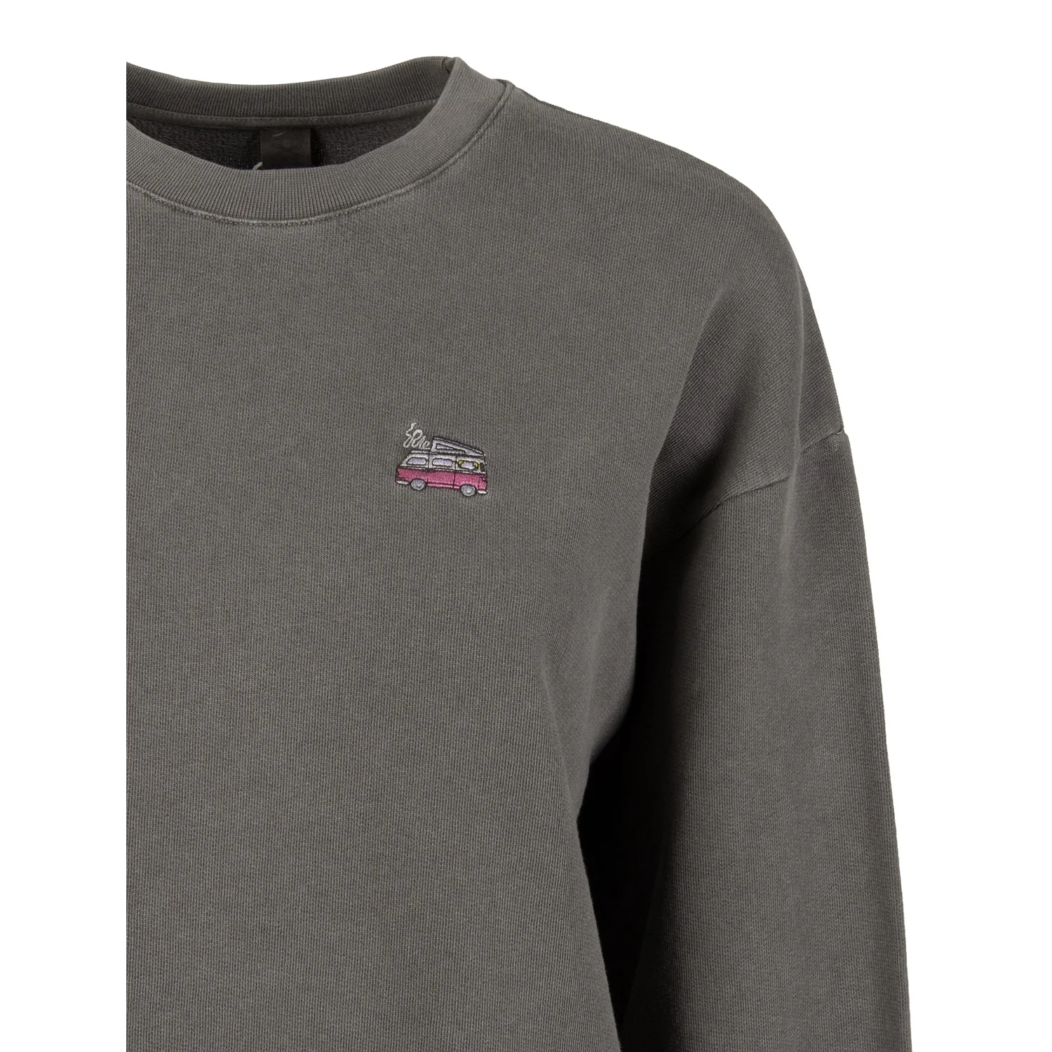 Sweatshirt, Rundhalsausschnitt, Dunkelgrau, Überschnittene Schultern, Bus-Stickerei