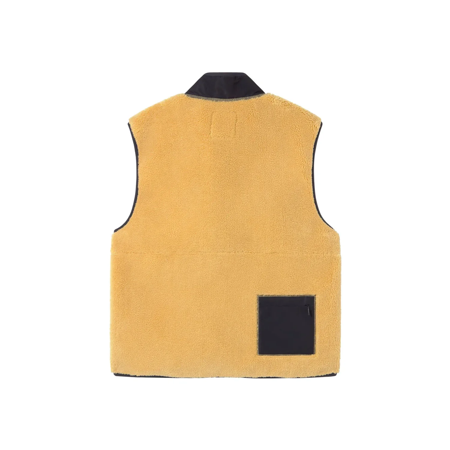 Fleeceweste, Ärmellos, Ockerfarben, Teddyfleece, Schwarze Tasche