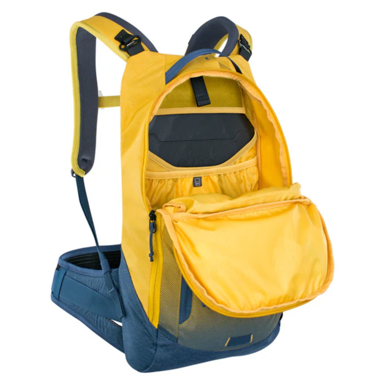 Sac à dos, jaune/bleu, compartiment pour ordinateur portable, poche avant, poche latérale en filet