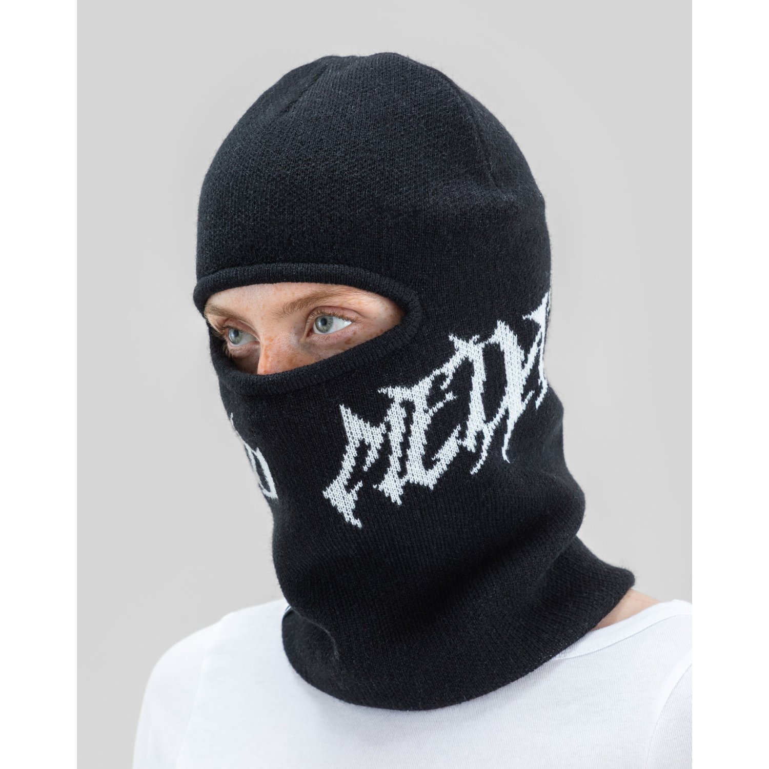 Balaklava, Gestrickt, Schwarz, Gesichtsmaske, Grafischer Text