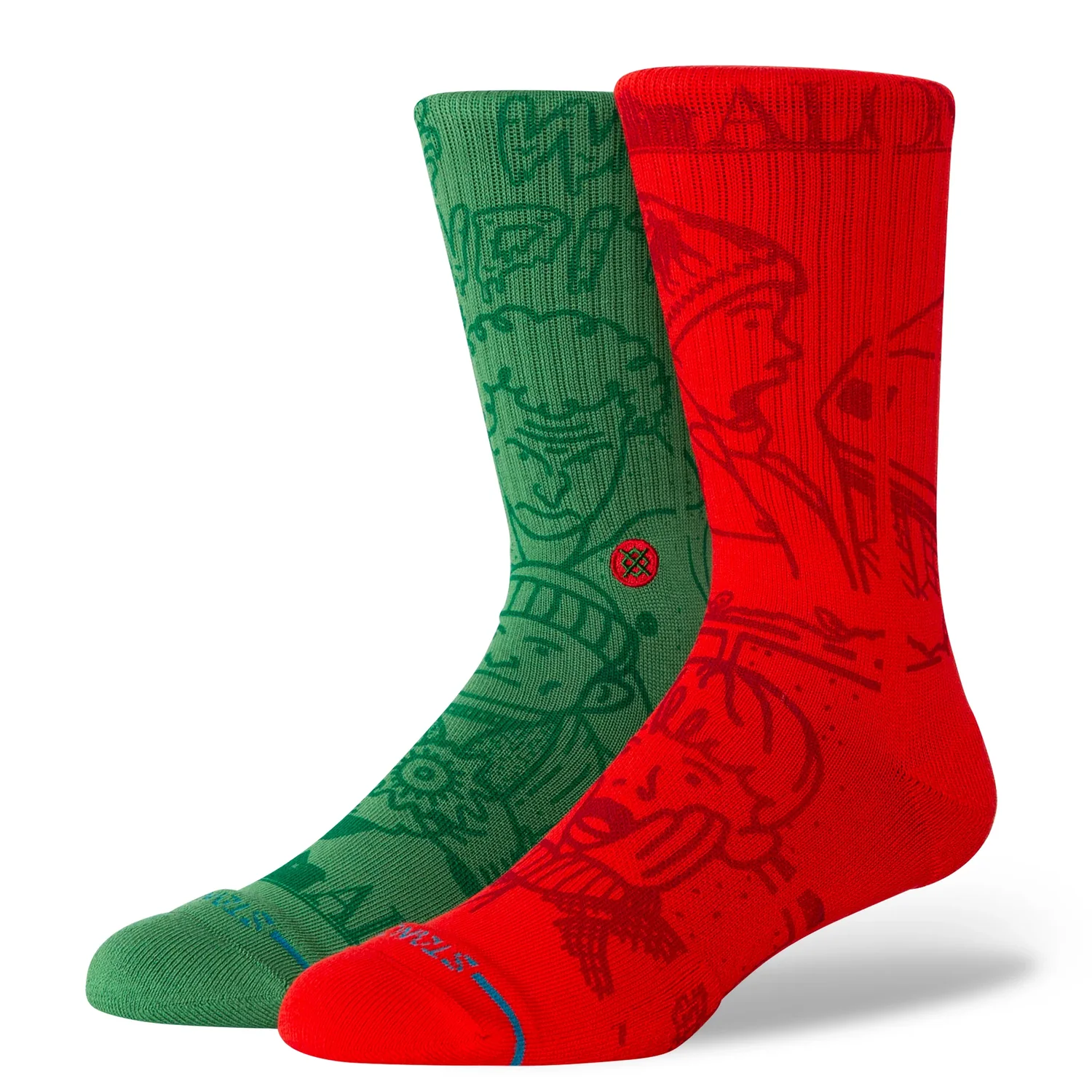 Chaussettes, rouge et vert, motif bande dessinée, tricotées