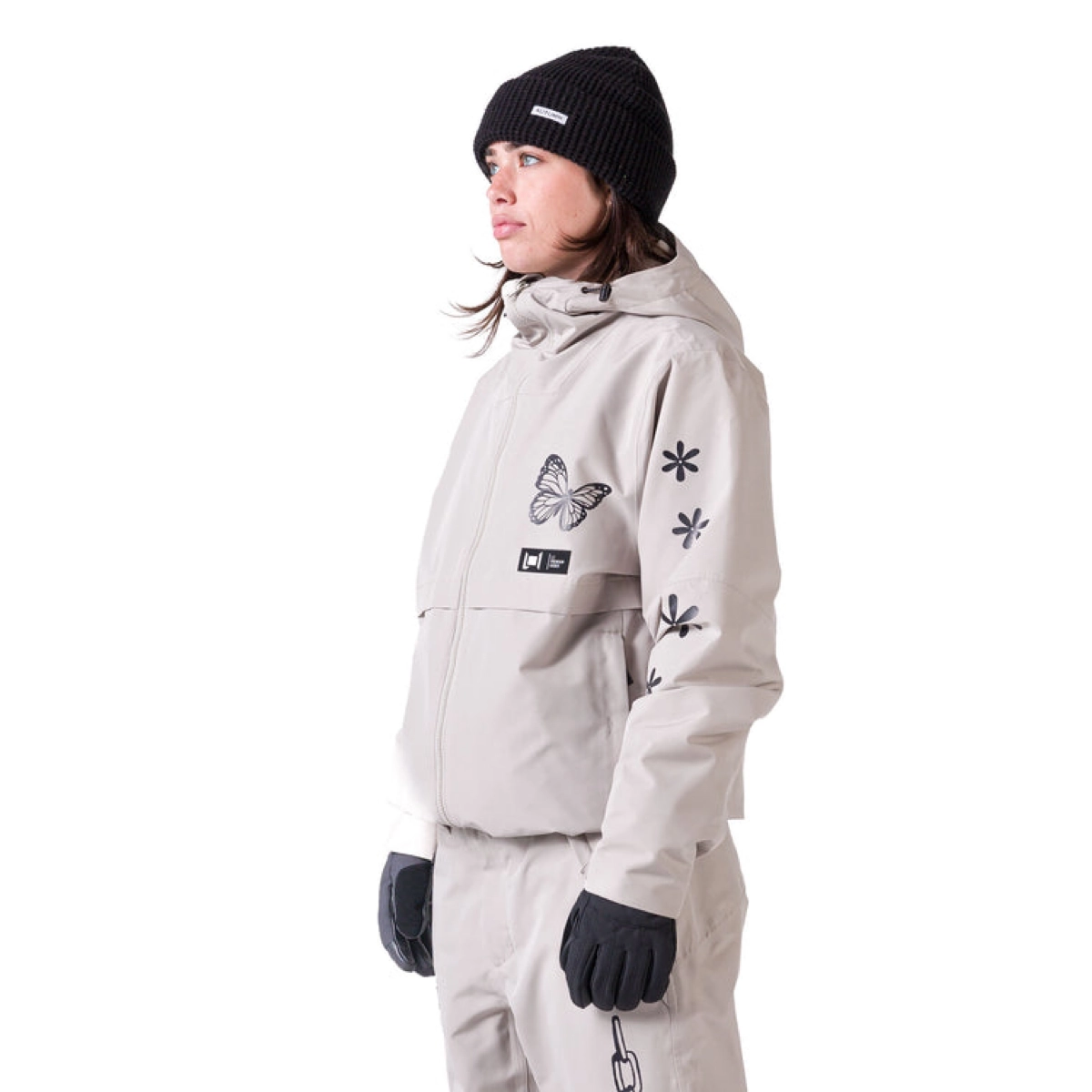 jacke, anorak, beanie, handschuhe, muster/pflanze, Snowjacke, Schmetterlingsdruck, Kapuze, Beige, Handschuhe inklusive