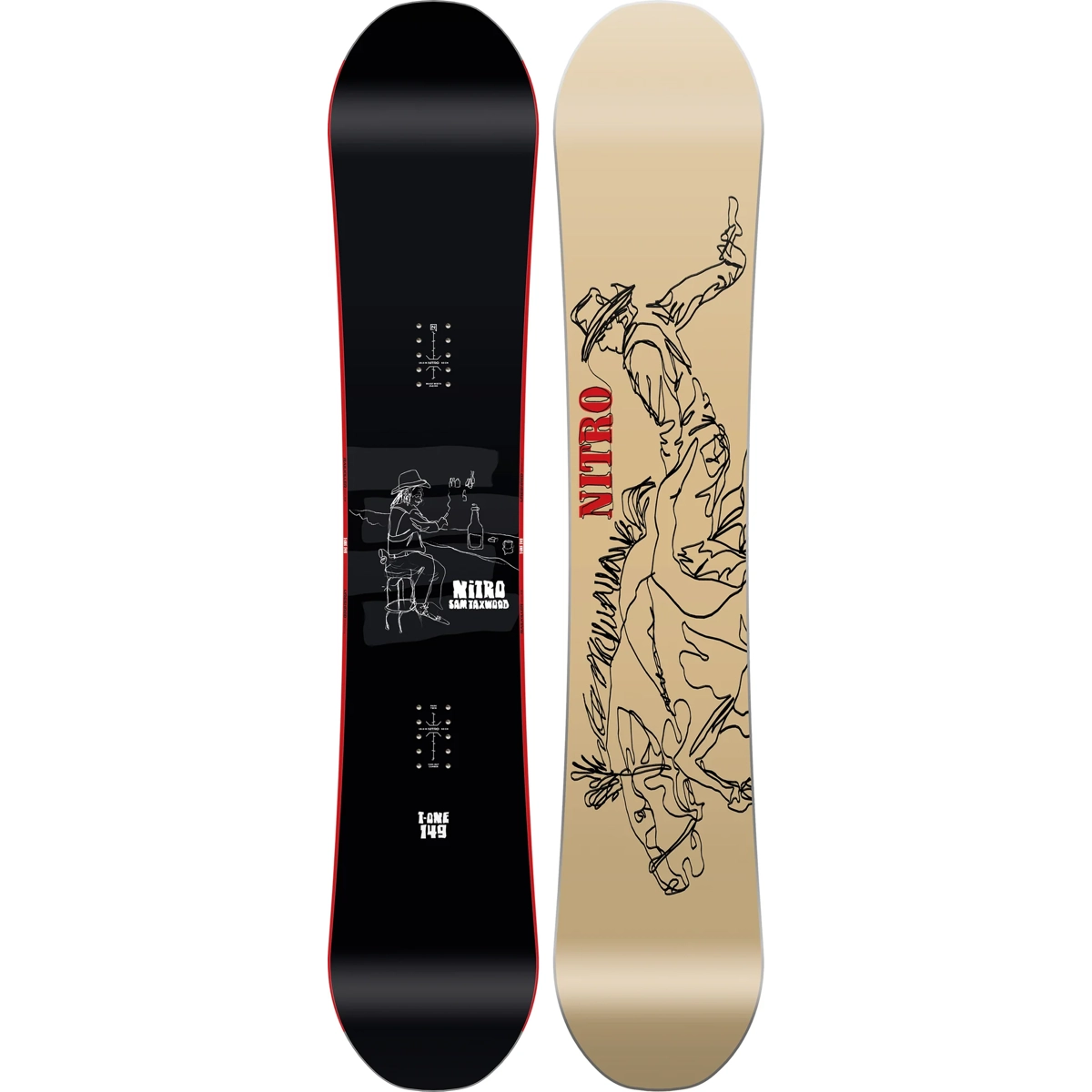 T1 snowboard, graphisme, noir, bord rouge, illustration, snowboard, surface noire, illustration graphique, bord rouge, face inférieure beige
