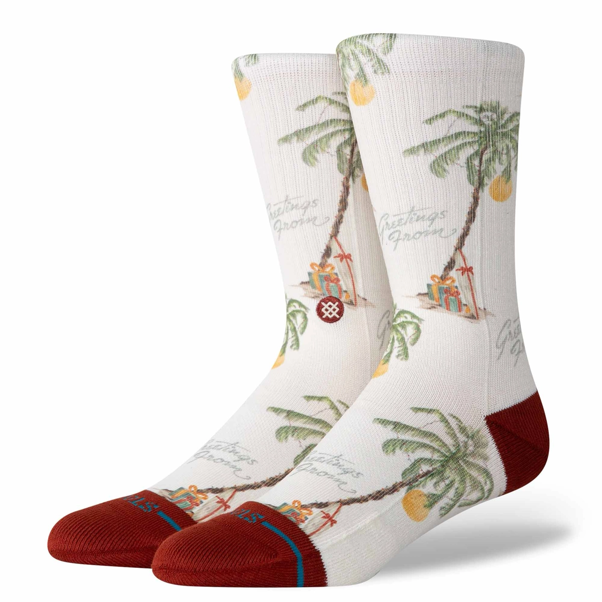 Chaussettes, motif de palmiers, design estival, motif côtier, rouge