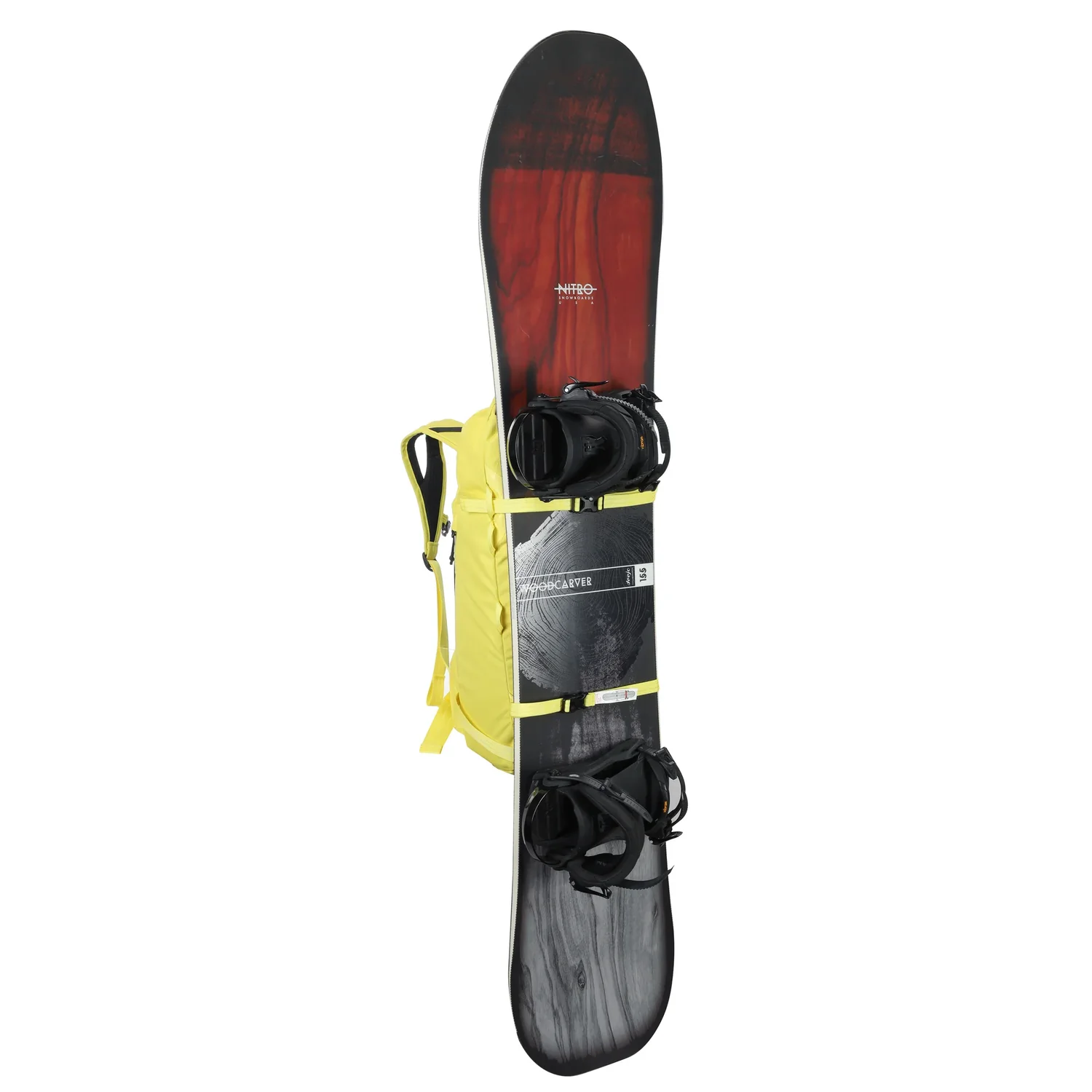 Snowboard, Holzoptik, Schwarz-Rot, Snowboardbindungen, Gelber Rucksack