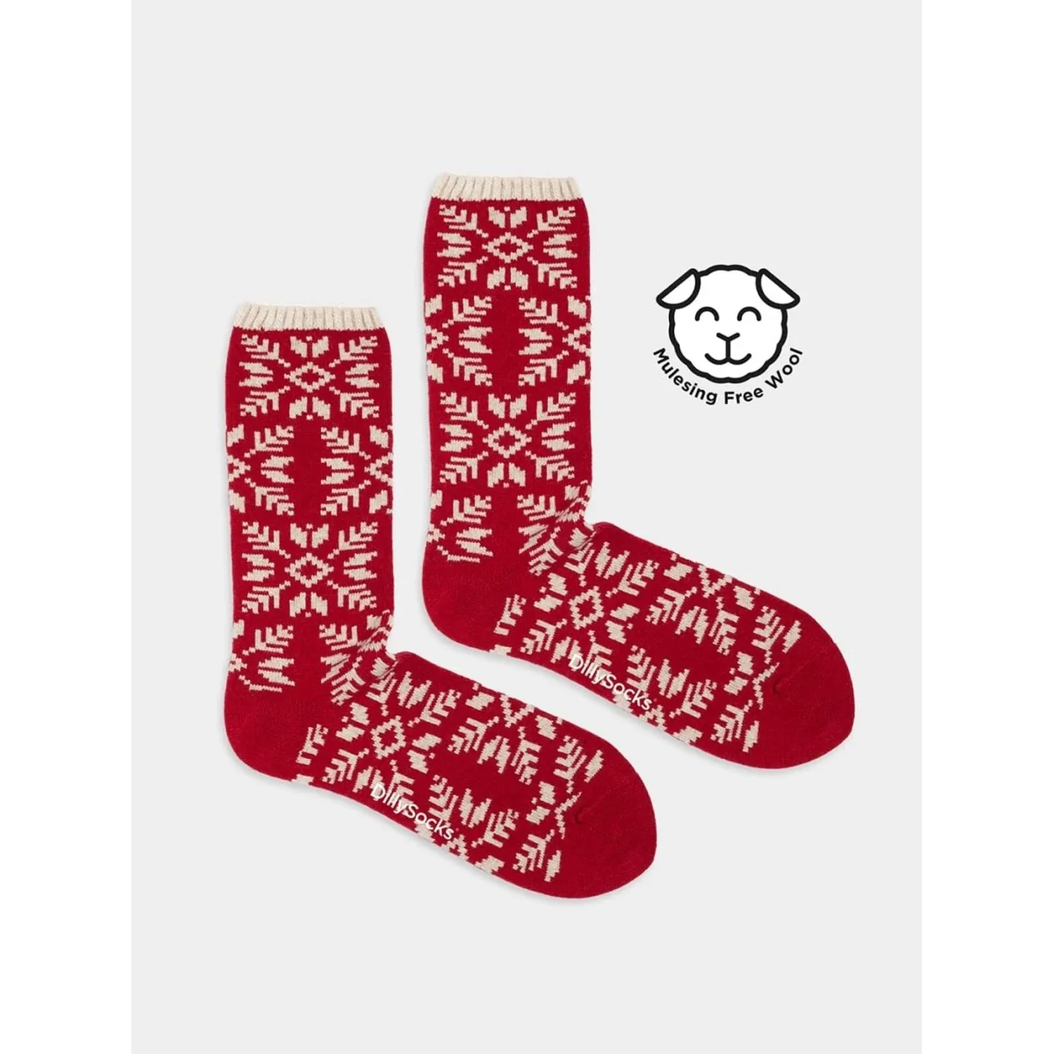 Cozy Aino Chaussettes en laine, rouges et blanches, motif flocons de neige, bords-côtes, laine issue d'élevages sans mulesing