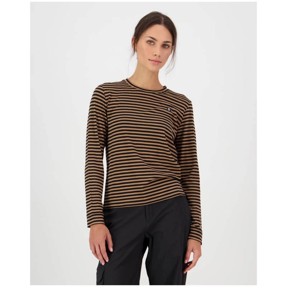 Chemise rayée, t-shirt à manches longues, rayures marron et noires, col rond, coupe slim