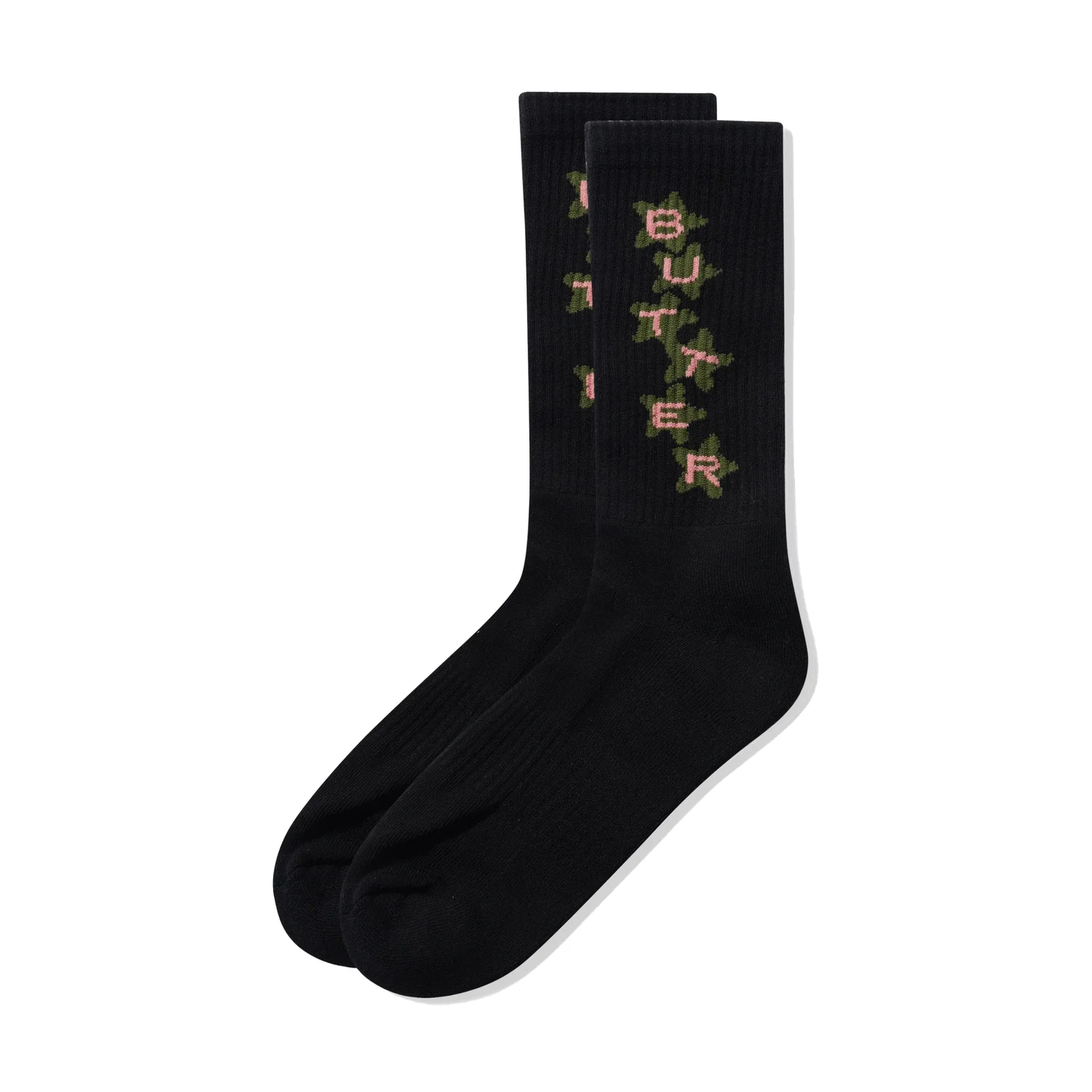 Socken, schwarz, gerippt, Schriftzug, Blumenmuster