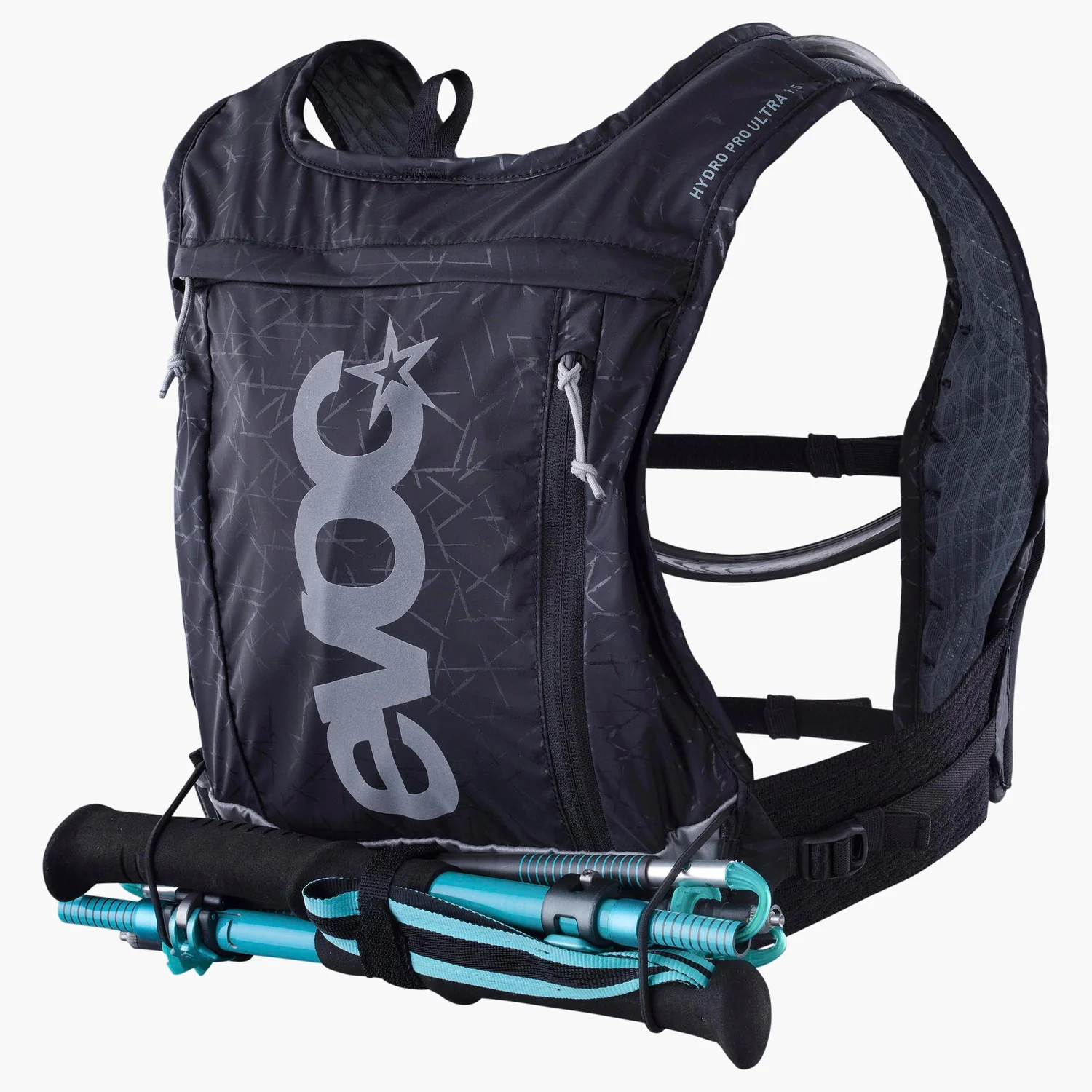Hydro Pro Ultra 1.5 + 1.5 Laufweste, Trinkrucksack, Wasserblase, Schwarz, Stockhalterung