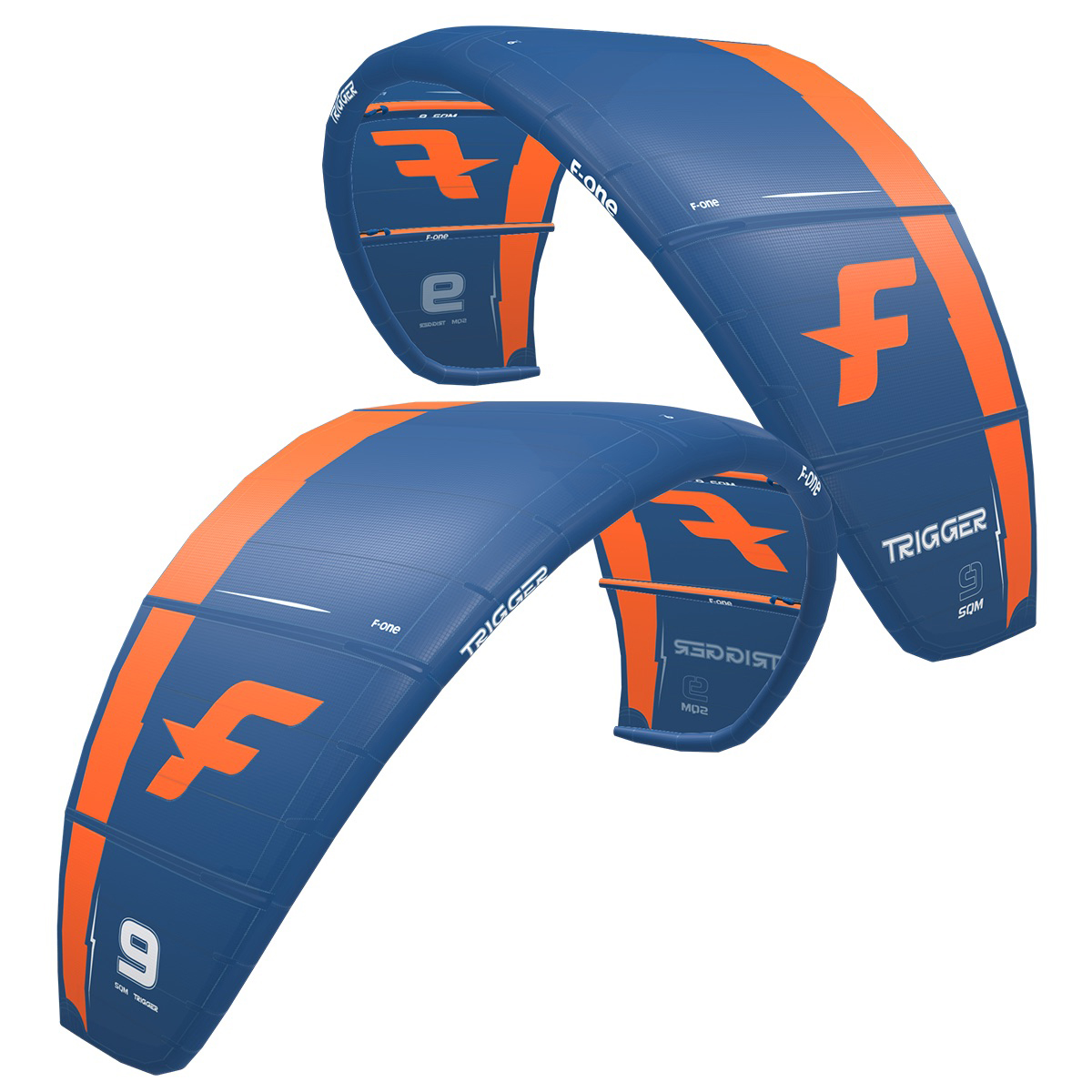 Trigger kitesurf, kite, kiteboard, bleu-orange, motif spinnaker, foil de 50 m²