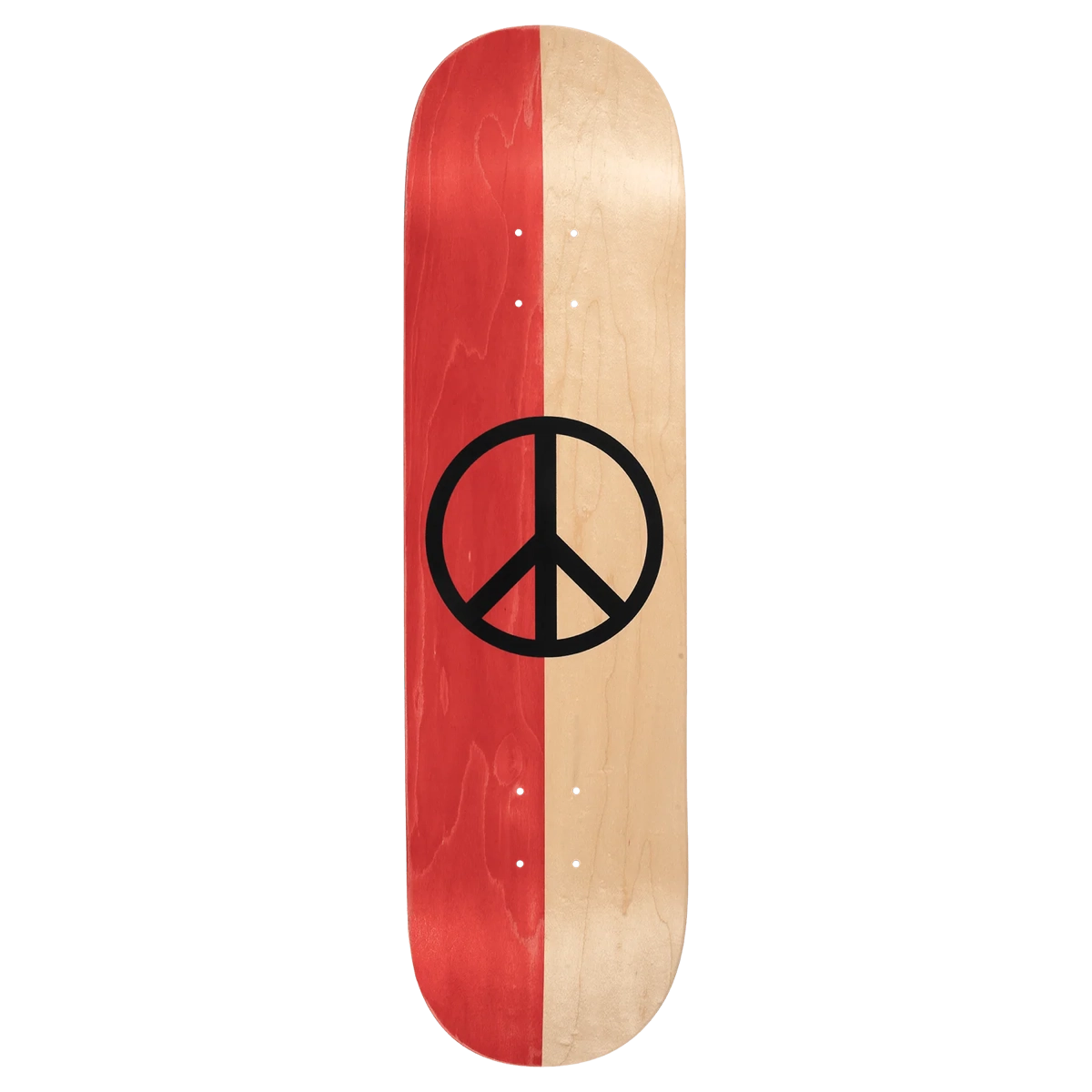 Split Peace Deck Red 8.0 Planche en bois, skateboard, symbole de la paix, rouge, bois naturel, skateboard, symbole de la paix, planche en bois, rouge et naturel, bicolore